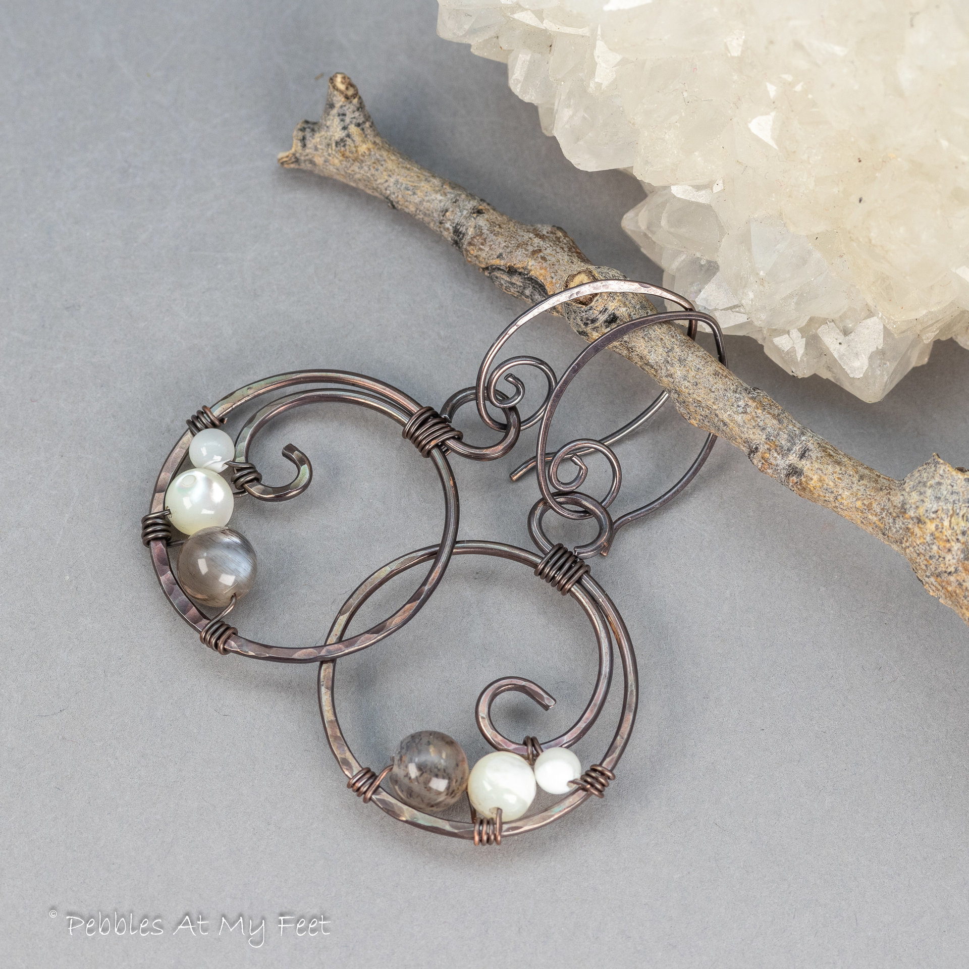 Moonstone and Mother of Pearl Copper Hoop Earrings