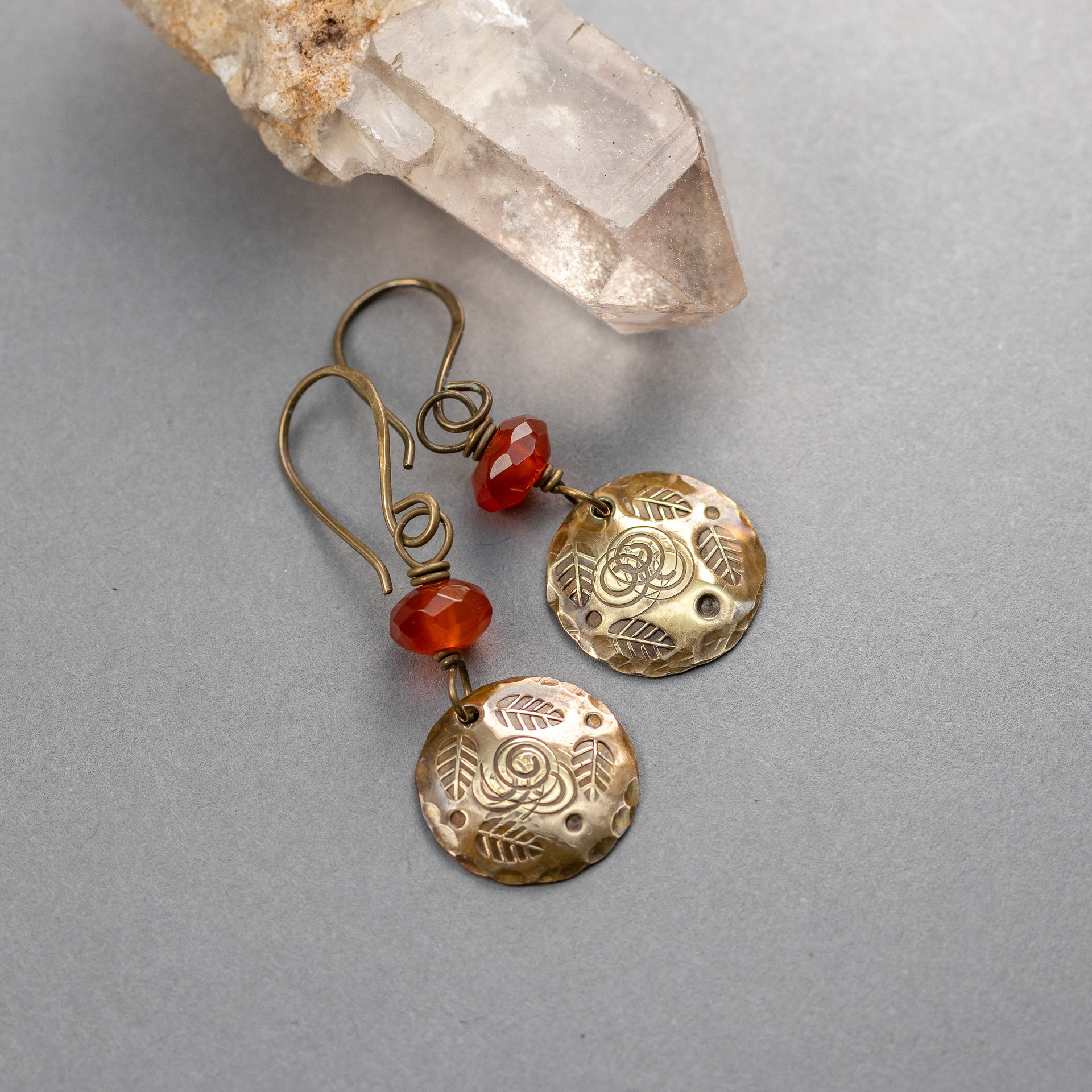 Orange Carnelian and Vintage Gold Brass Earrings for Fall Season