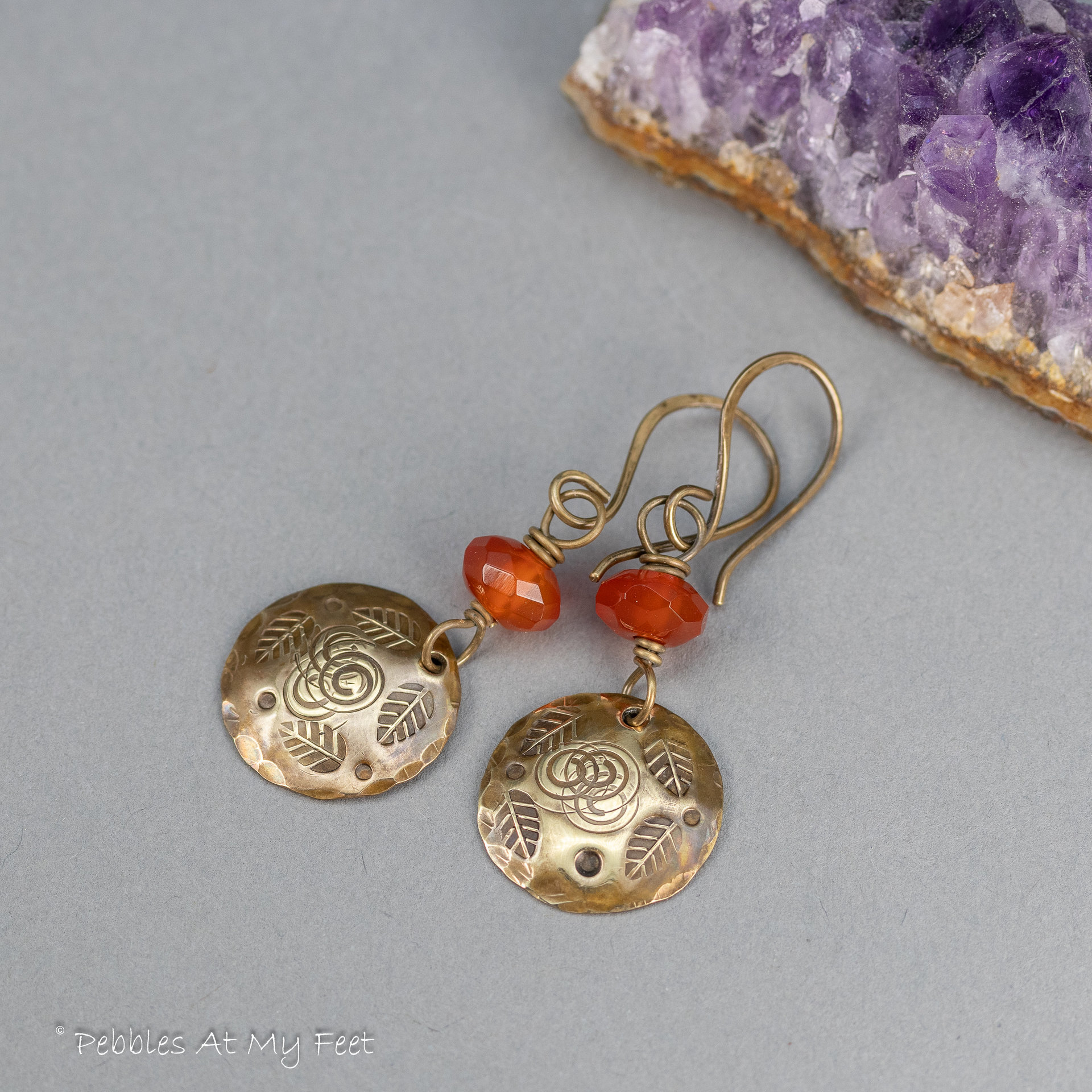 Orange Carnelian and Vintage Gold Brass Earrings for Fall Season