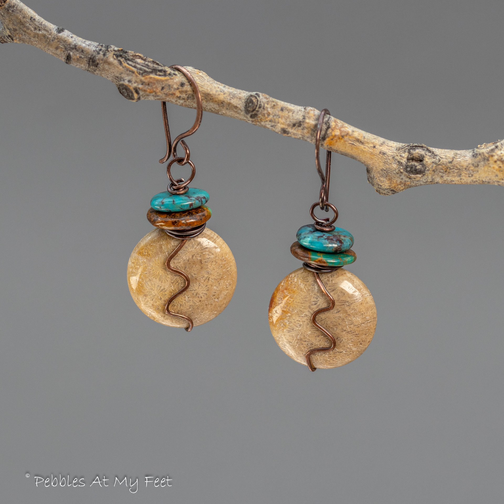Brown Stone Earrings Handmade in Copper, Fossil Coral and Turquoise