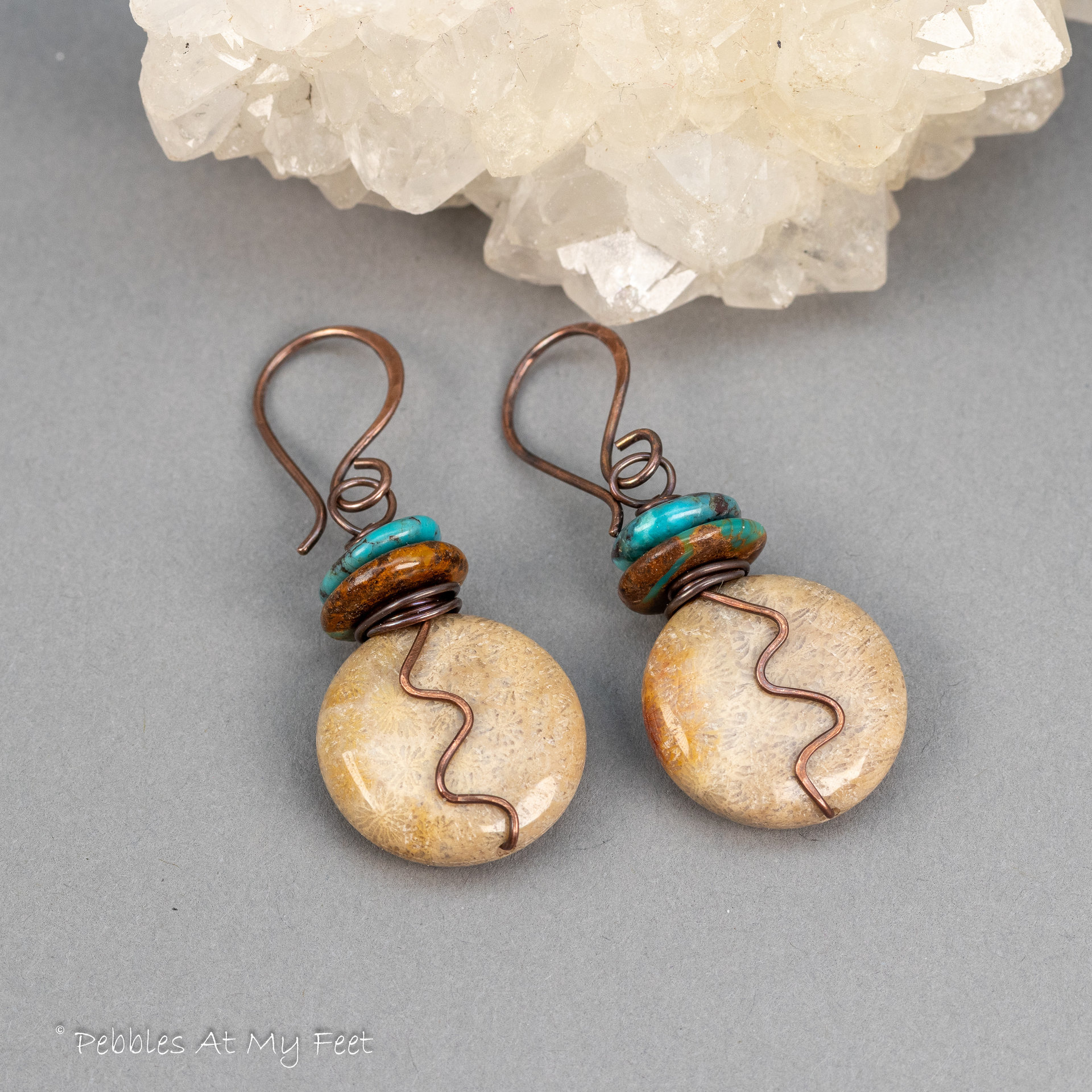 Brown Stone Earrings Handmade in Copper, Fossil Coral and Turquoise