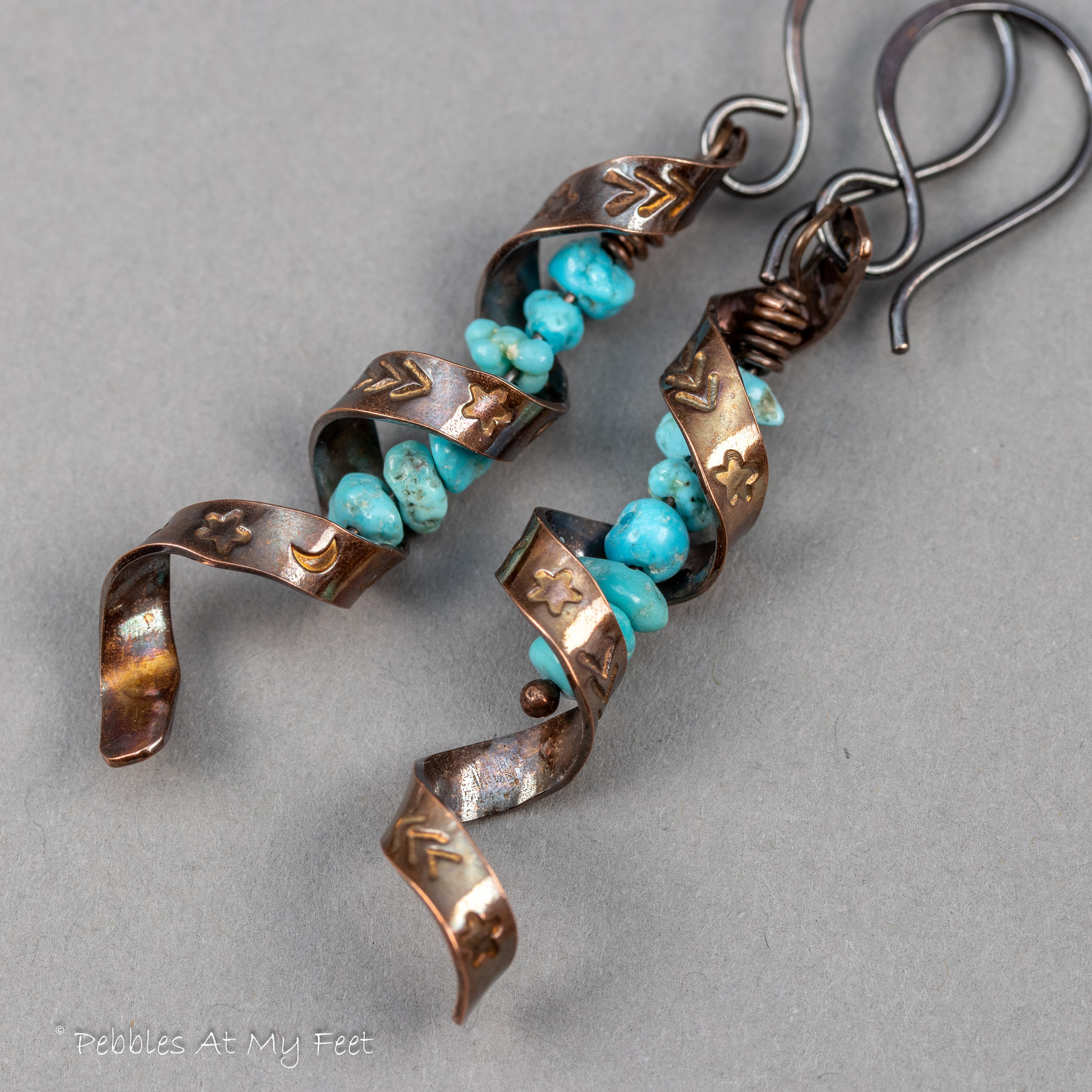 Reserved/Pending: Twisted Copper Ribbon Earrings with Western Star and Moon Design and Turquoise Stones