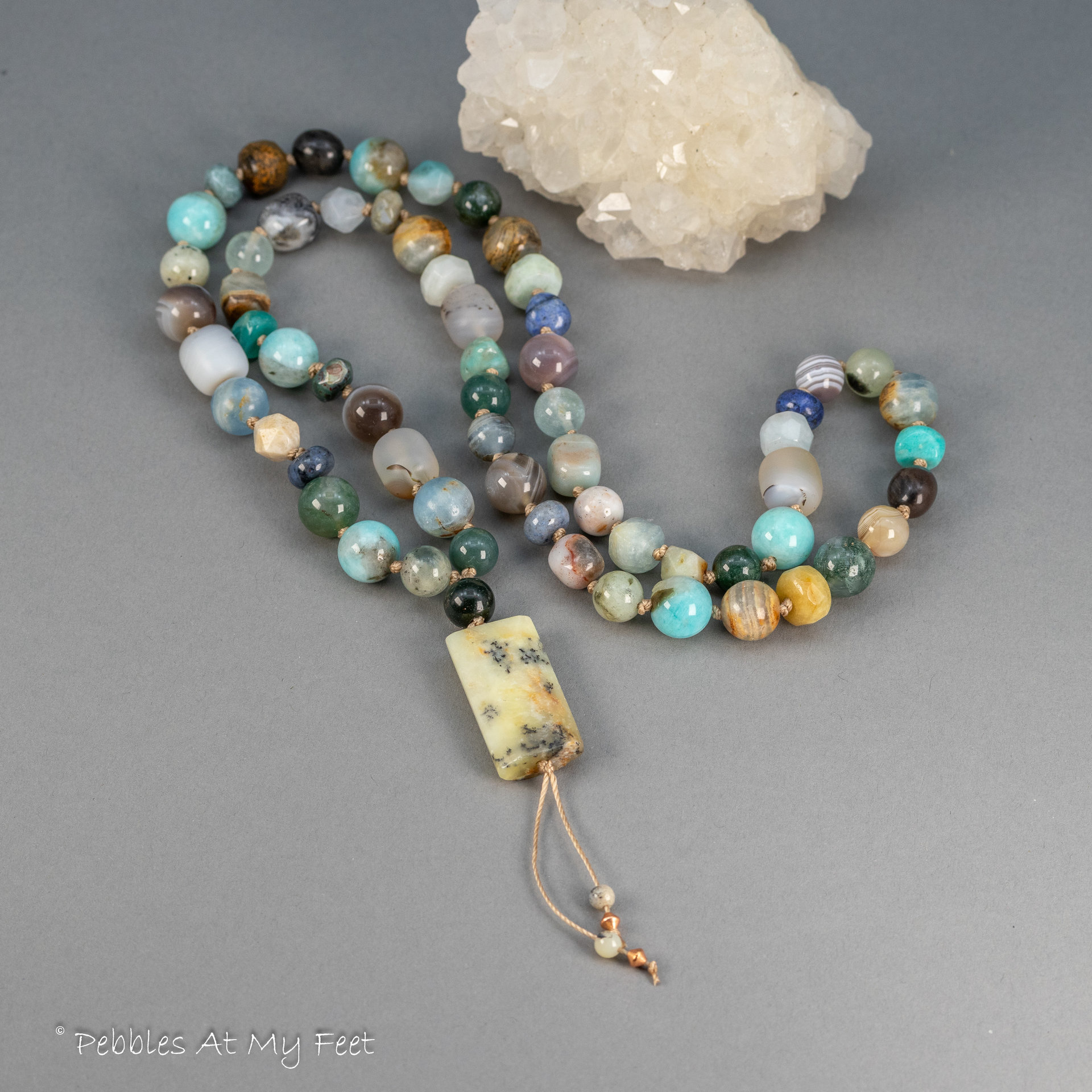 Dendritic Opal Pendant Multi Stone Knotted Bead Necklace
