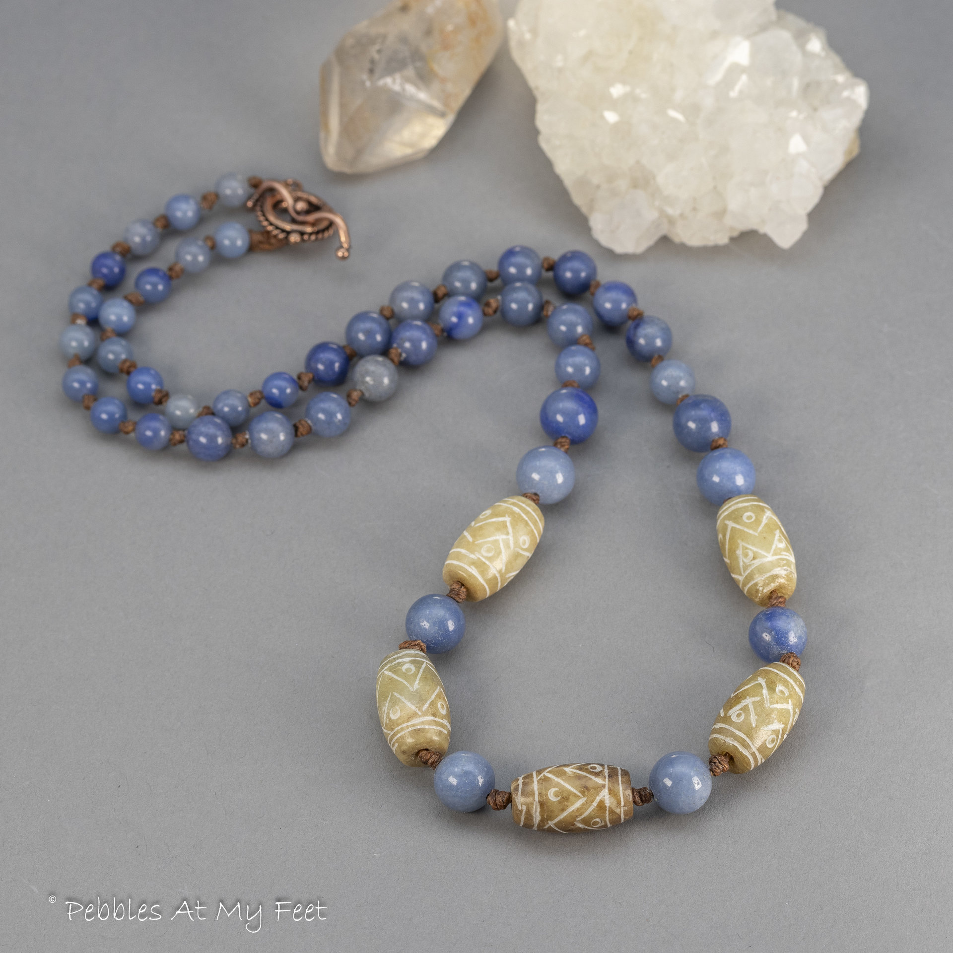Blue Aventurine and Carved Onyx Necklace, Knotted Linen Cord Necklace