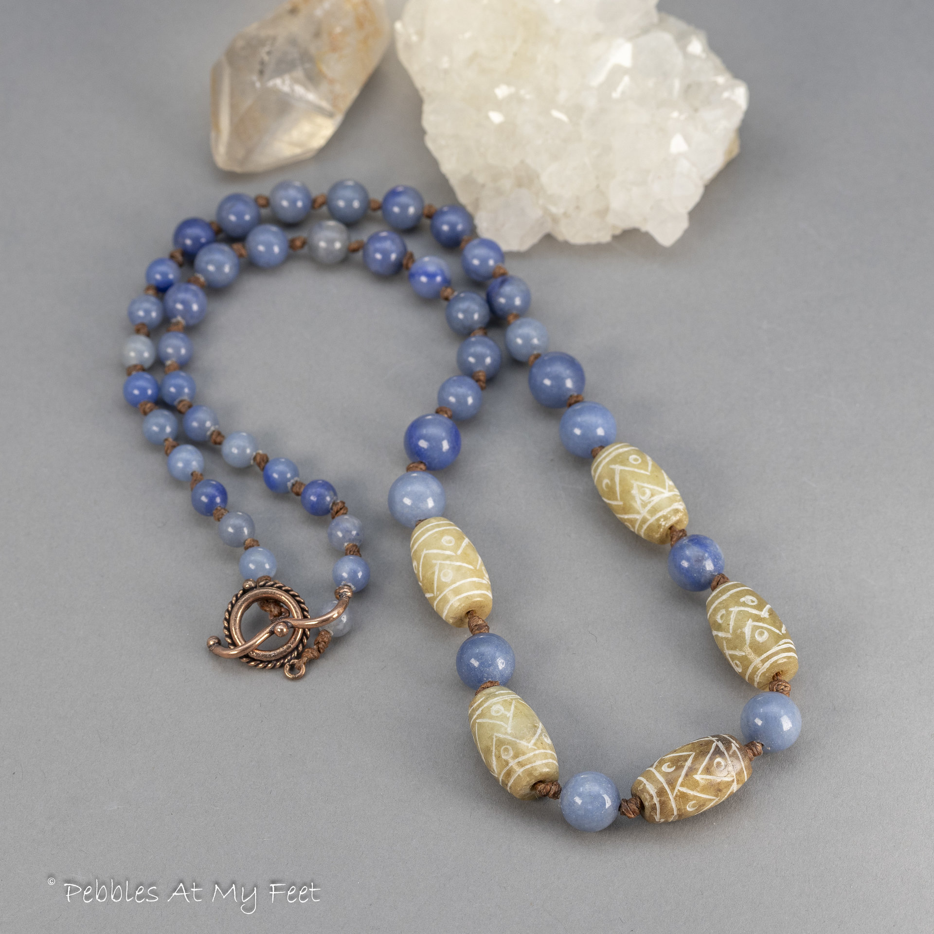 Blue Aventurine and Carved Onyx Necklace, Knotted Linen Cord Necklace
