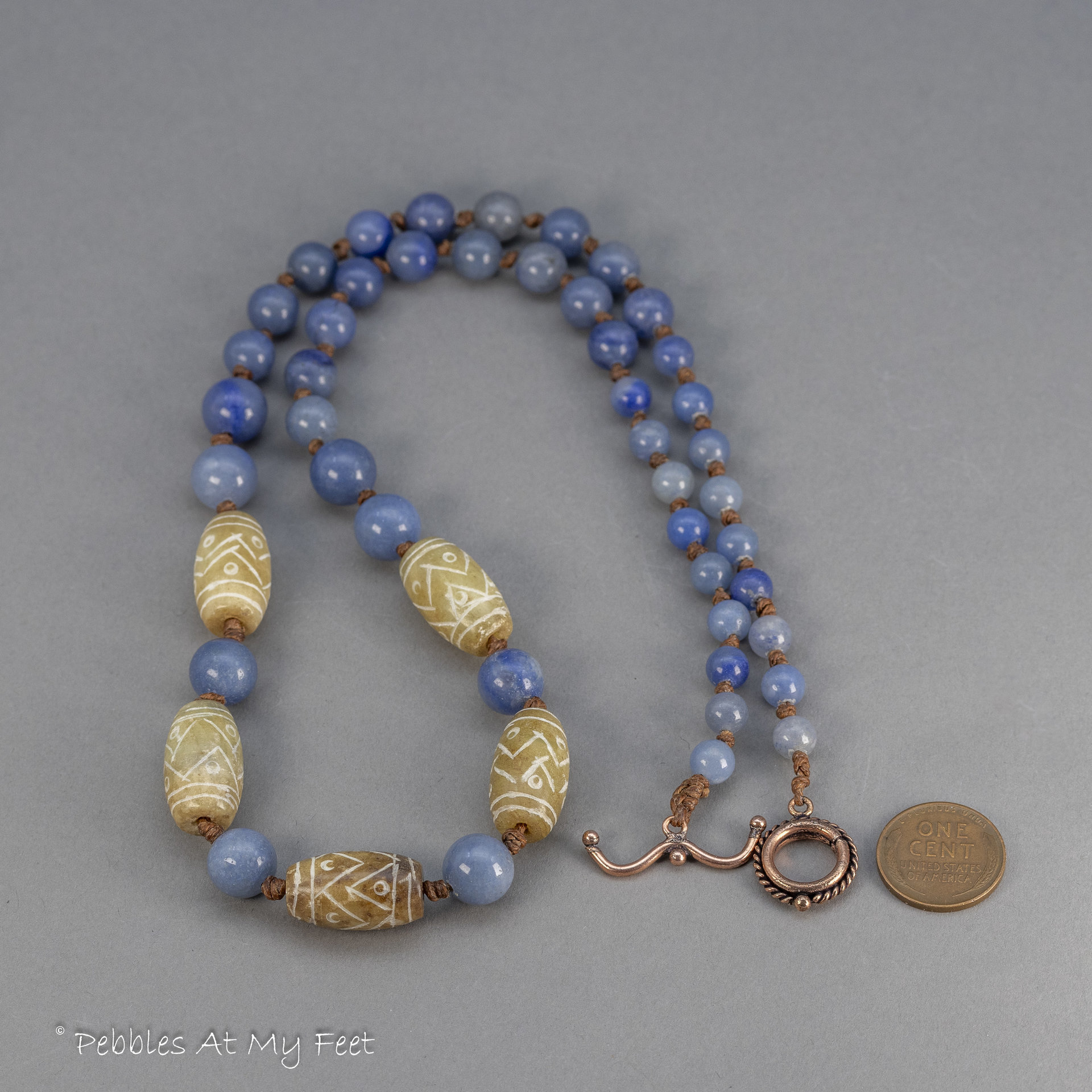 Blue Aventurine and Carved Onyx Necklace, Knotted Linen Cord Necklace