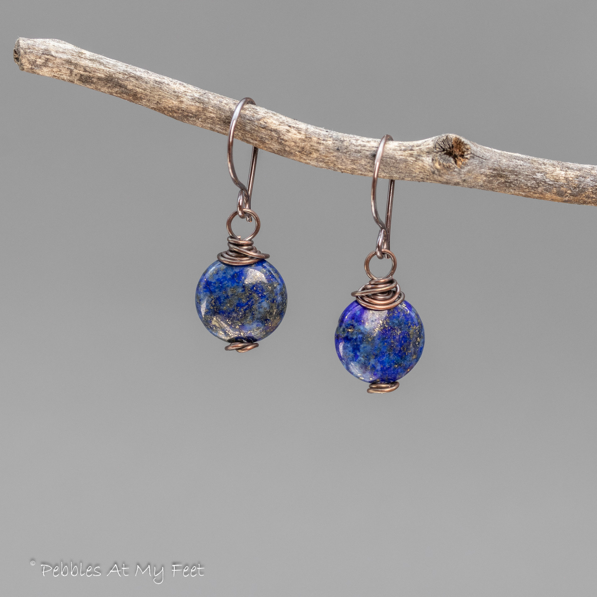 Simple Drop Earrings with Lapis Stones in Copper