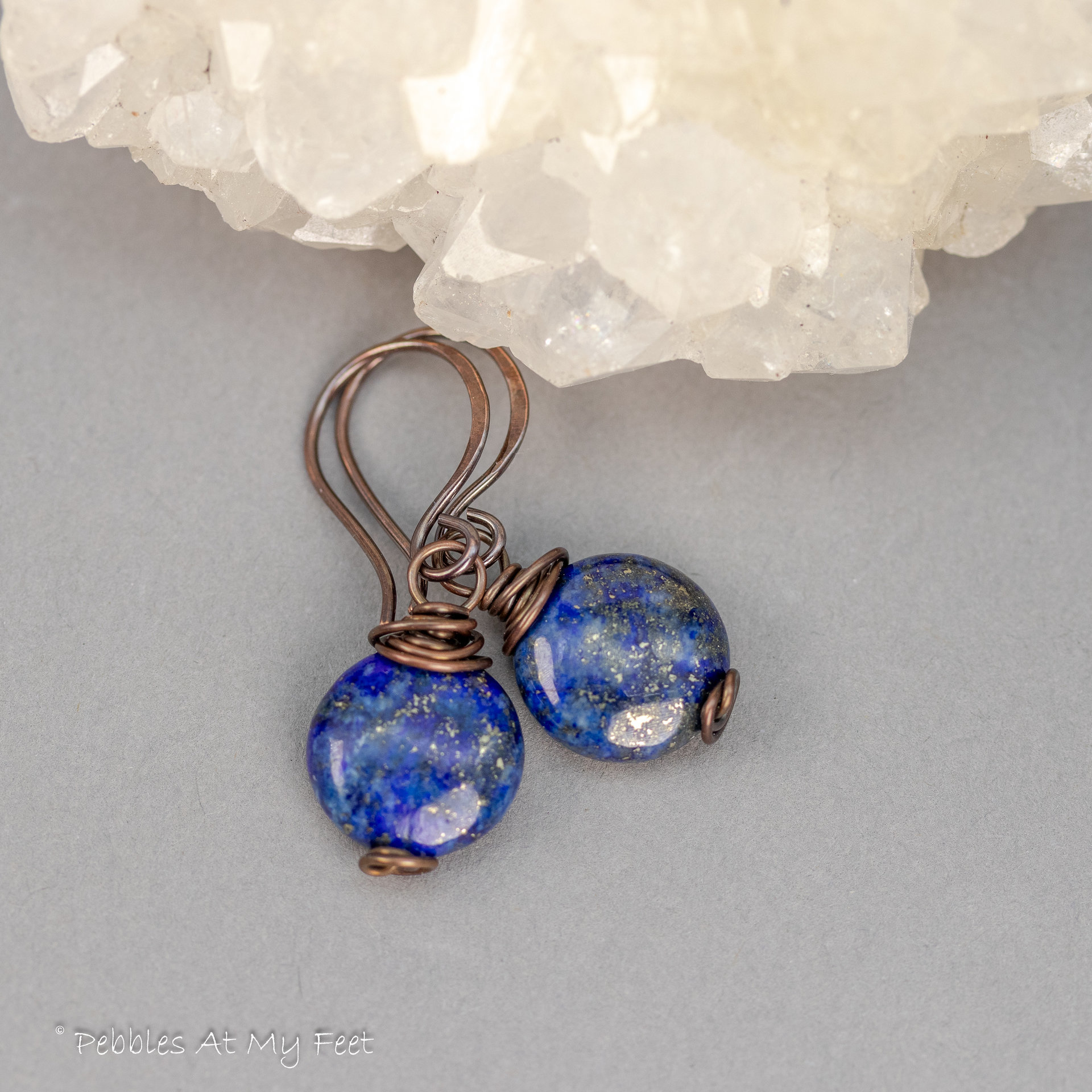 Simple Drop Earrings with Lapis Stones in Copper