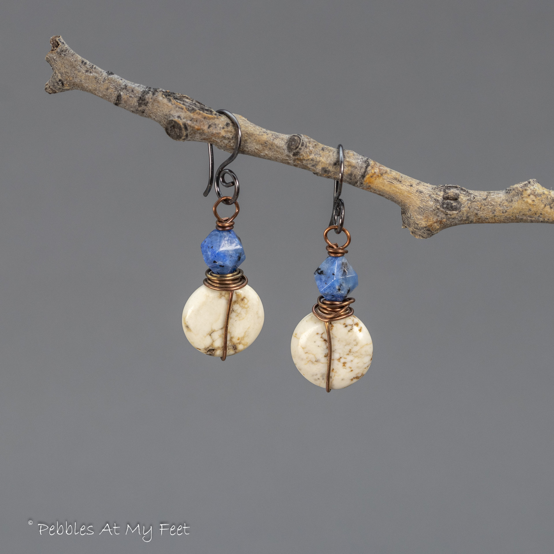 Off-White and Blue Natural Stone Earrings in Copper