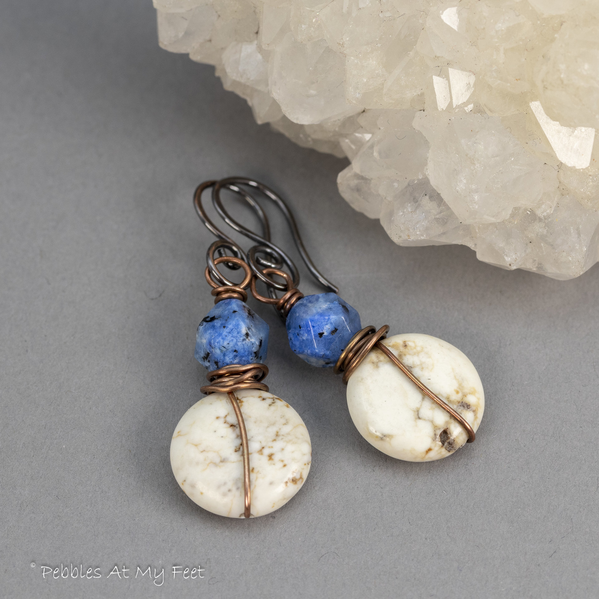 Off-White and Blue Natural Stone Earrings in Copper