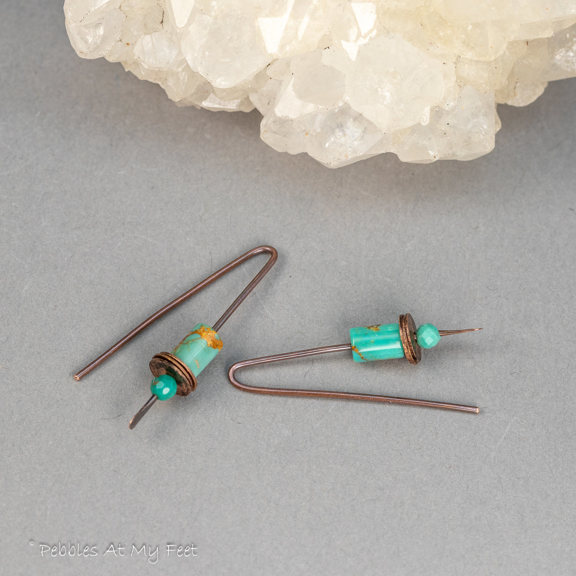 Minimalist Earrings, Copper Wire Threaders with Turquoise Stones