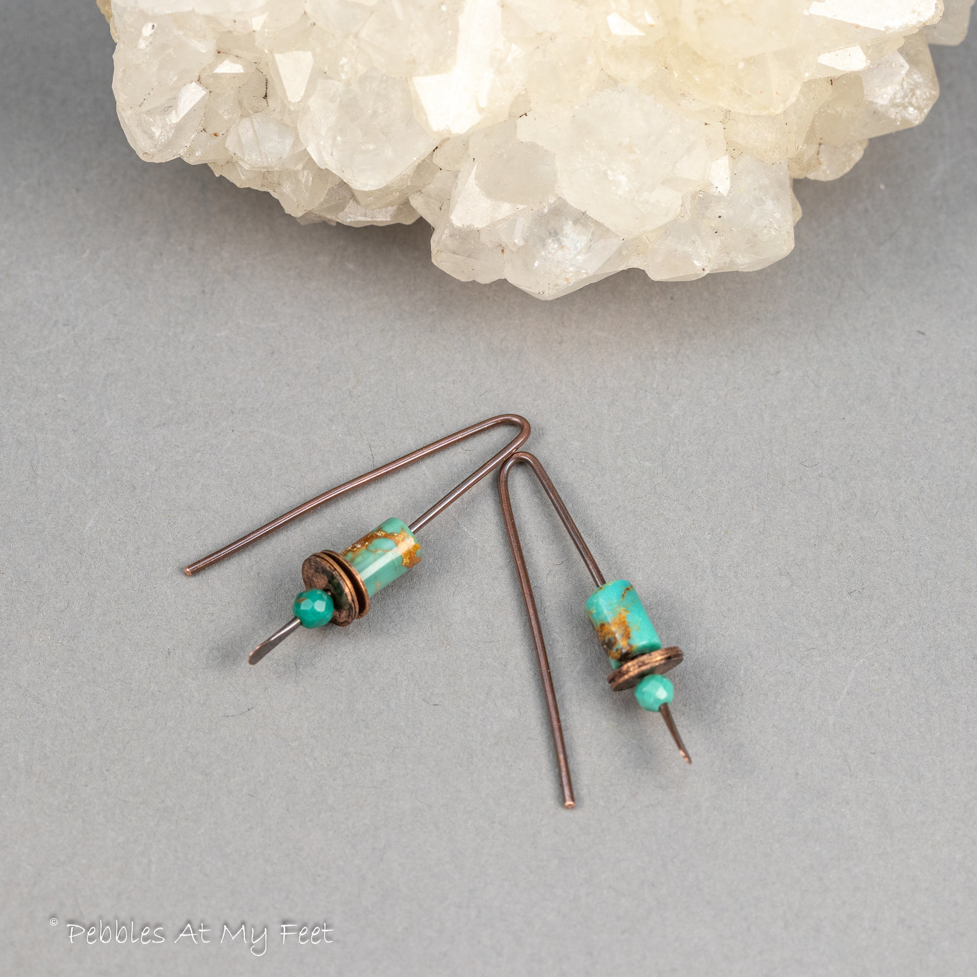 Minimalist Earrings, Copper Wire Threaders with Turquoise Stones