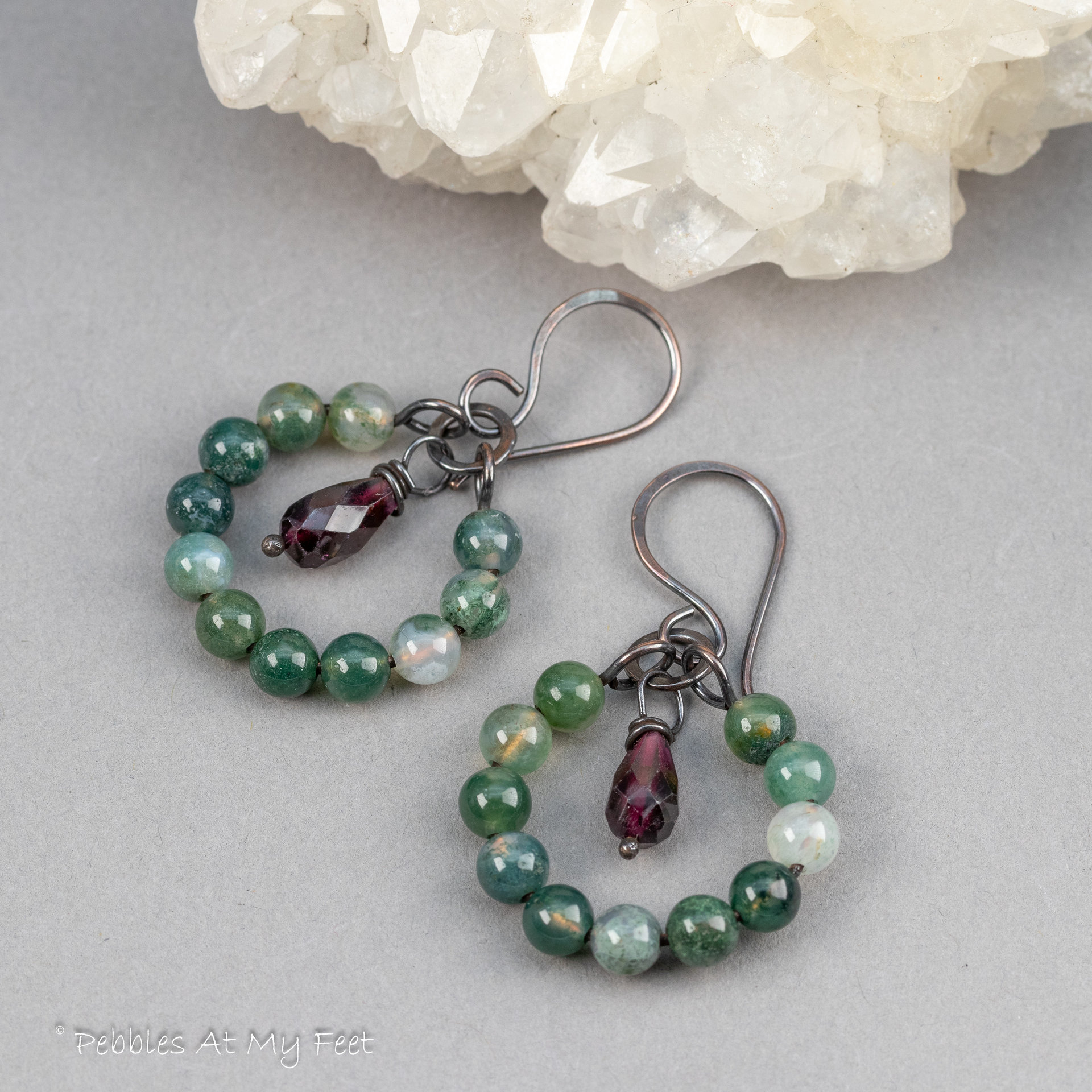 Moss Agate and Garnet Hoop Earrings in Copper