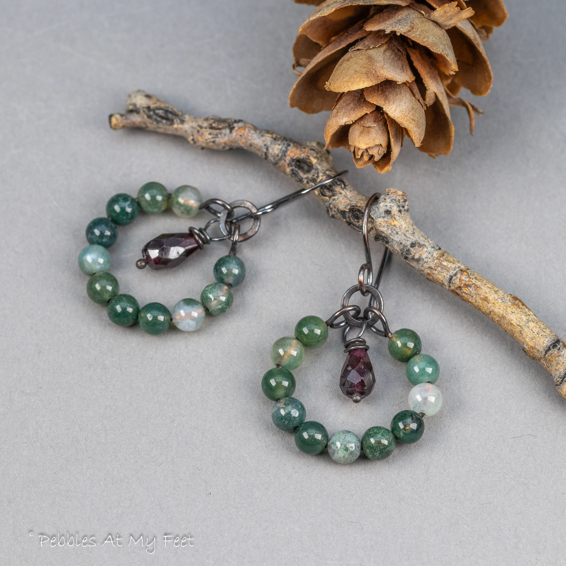 Moss Agate and Garnet Hoop Earrings in Copper