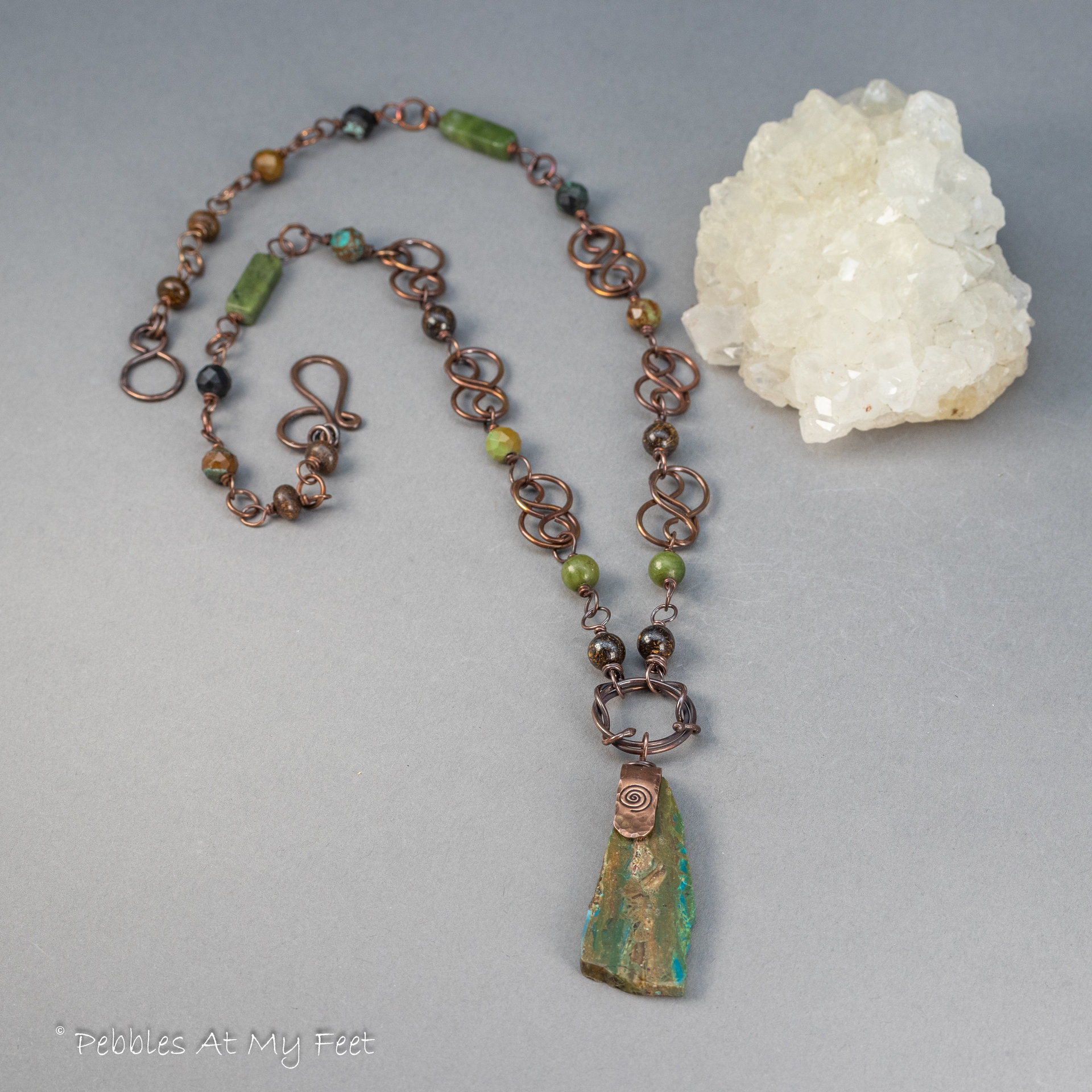 Peruvian Opal Slab Pendant with Handcrafted Copper Celtic-Inspired Chain