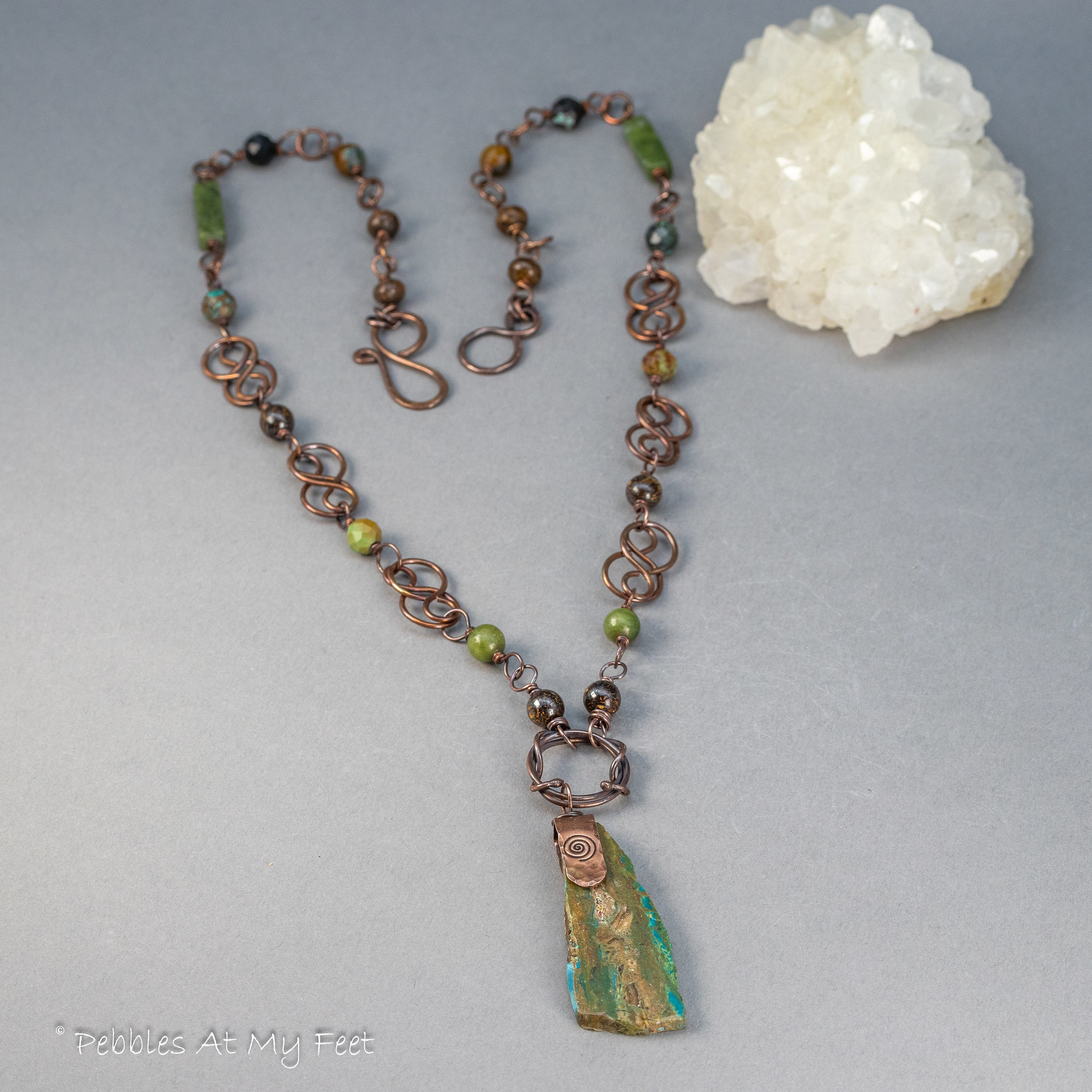Peruvian Opal Slab Pendant with Handcrafted Copper Celtic-Inspired Chain