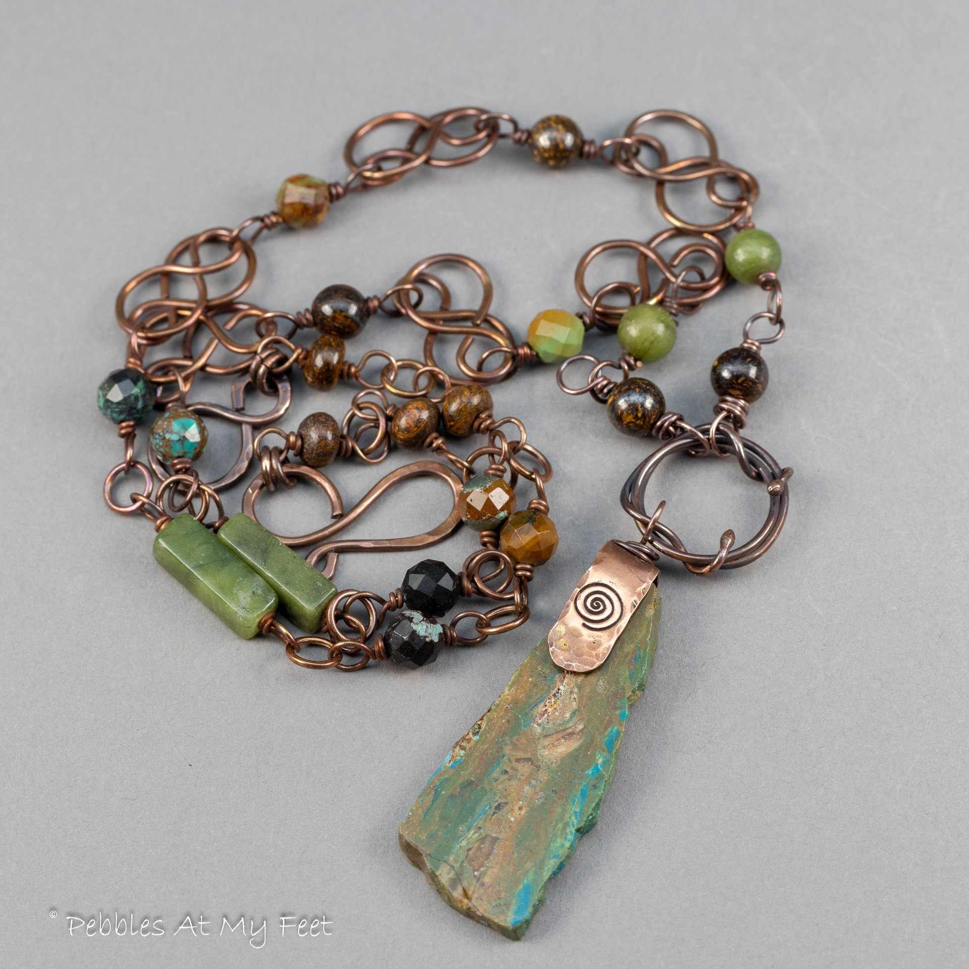 Peruvian Opal Slab Pendant with Handcrafted Copper Celtic-Inspired Chain