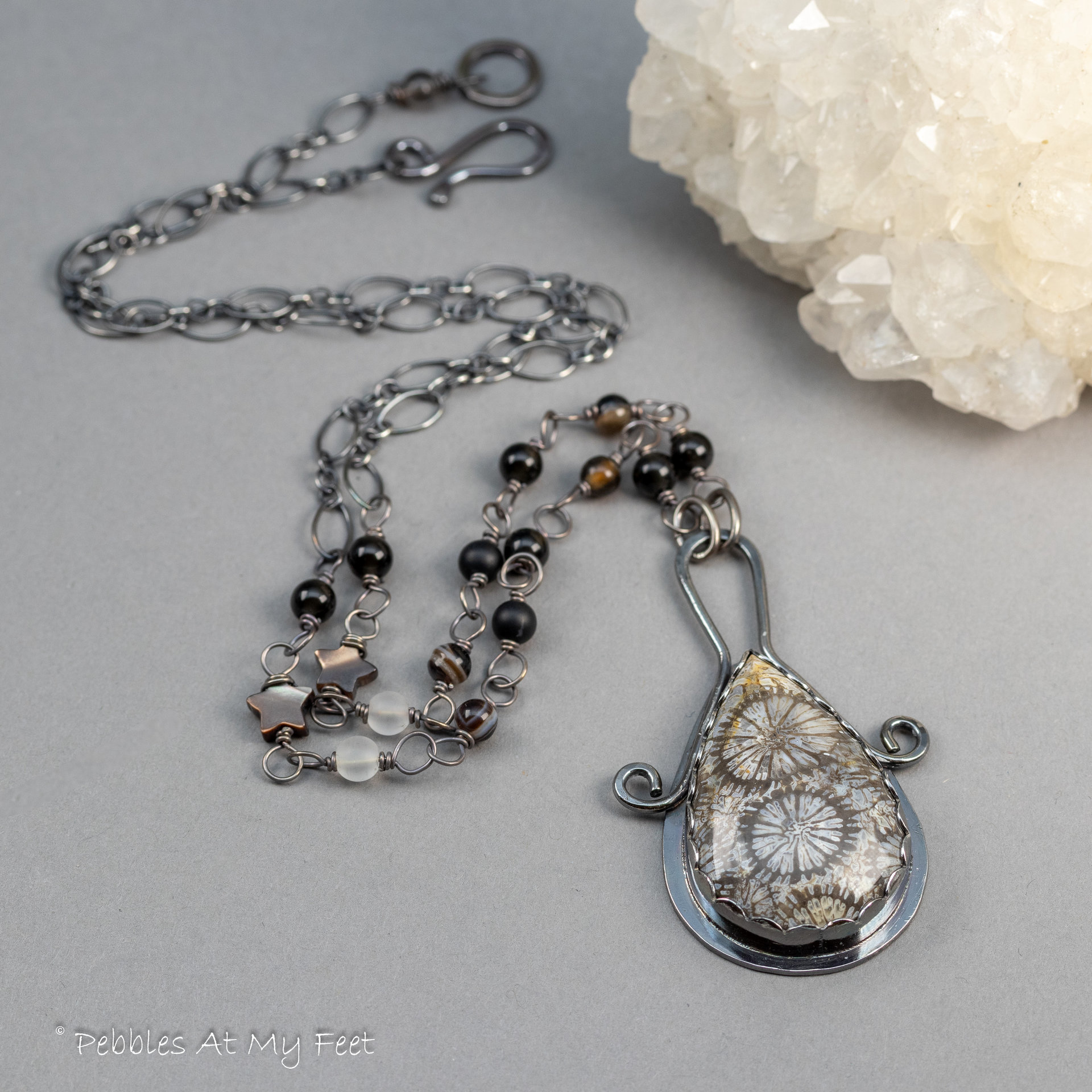Unique Fossil Coral Stone Pendant Necklace Handcrafted in Sterling Silver