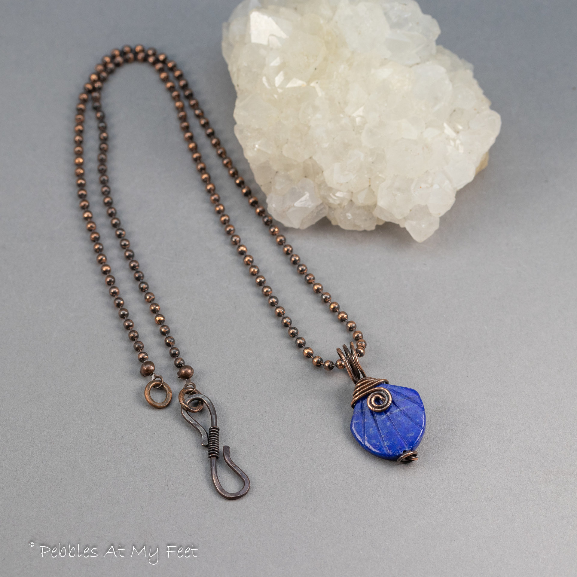 Carved Lapis Pendant Necklace Handmade in Copper