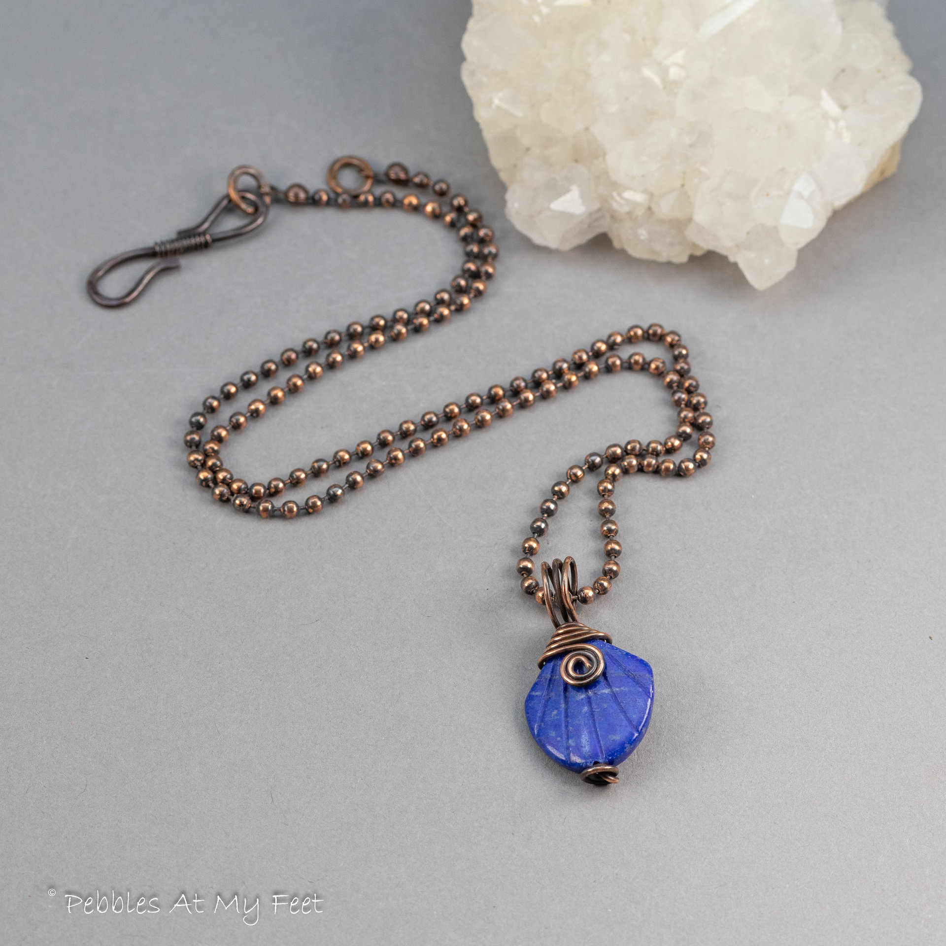 Carved Lapis Pendant Necklace Handmade in Copper