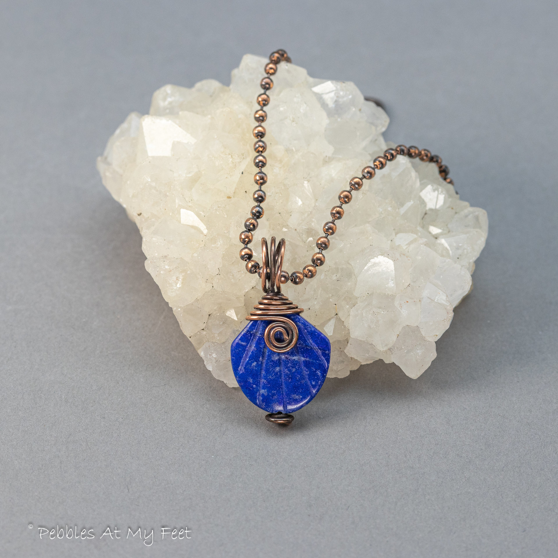 Carved Lapis Pendant Necklace Handmade in Copper