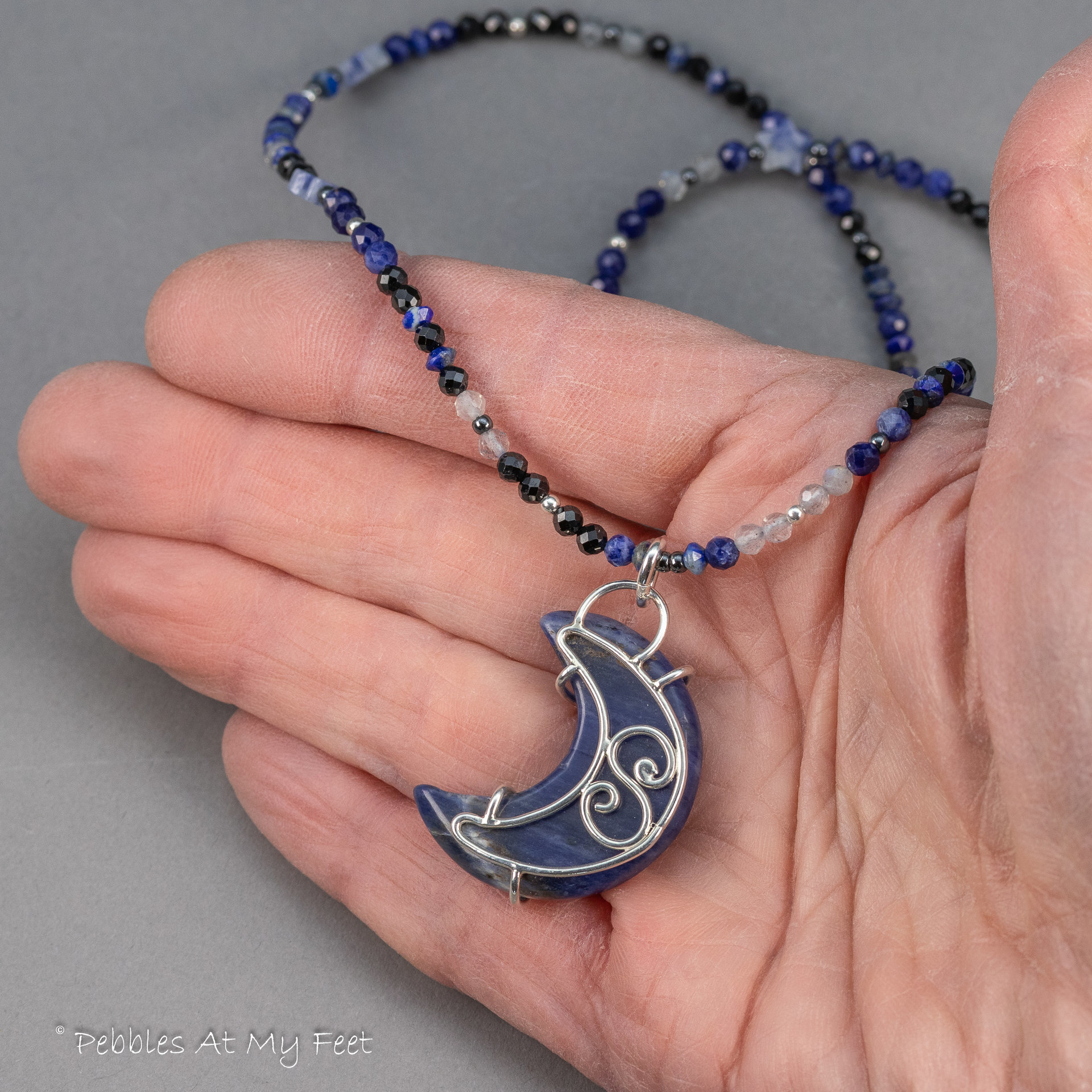 Blue Stone Crescent Moon Pendant Necklace