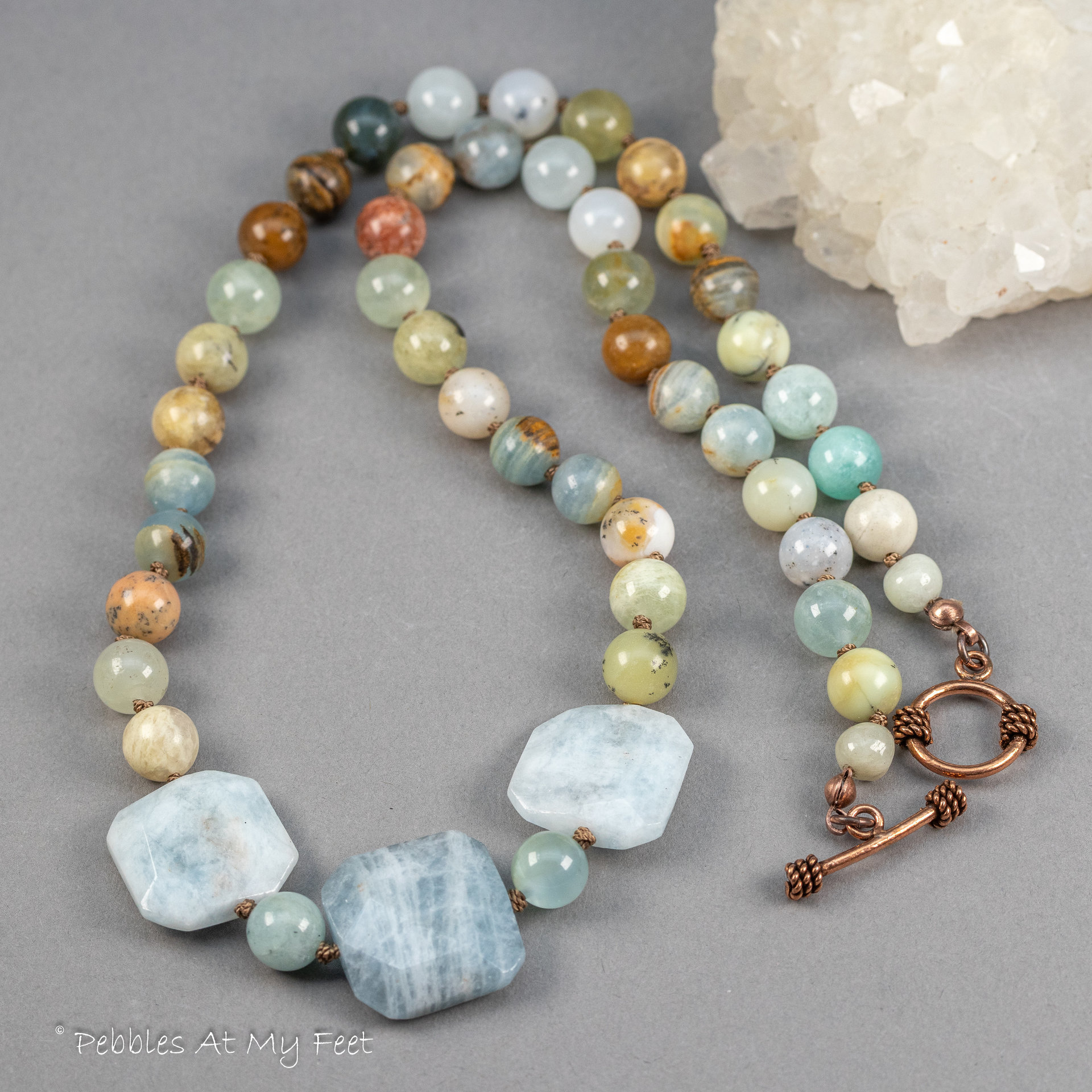 Knotted Cord Gemstone Necklace with Natural Aquamarine