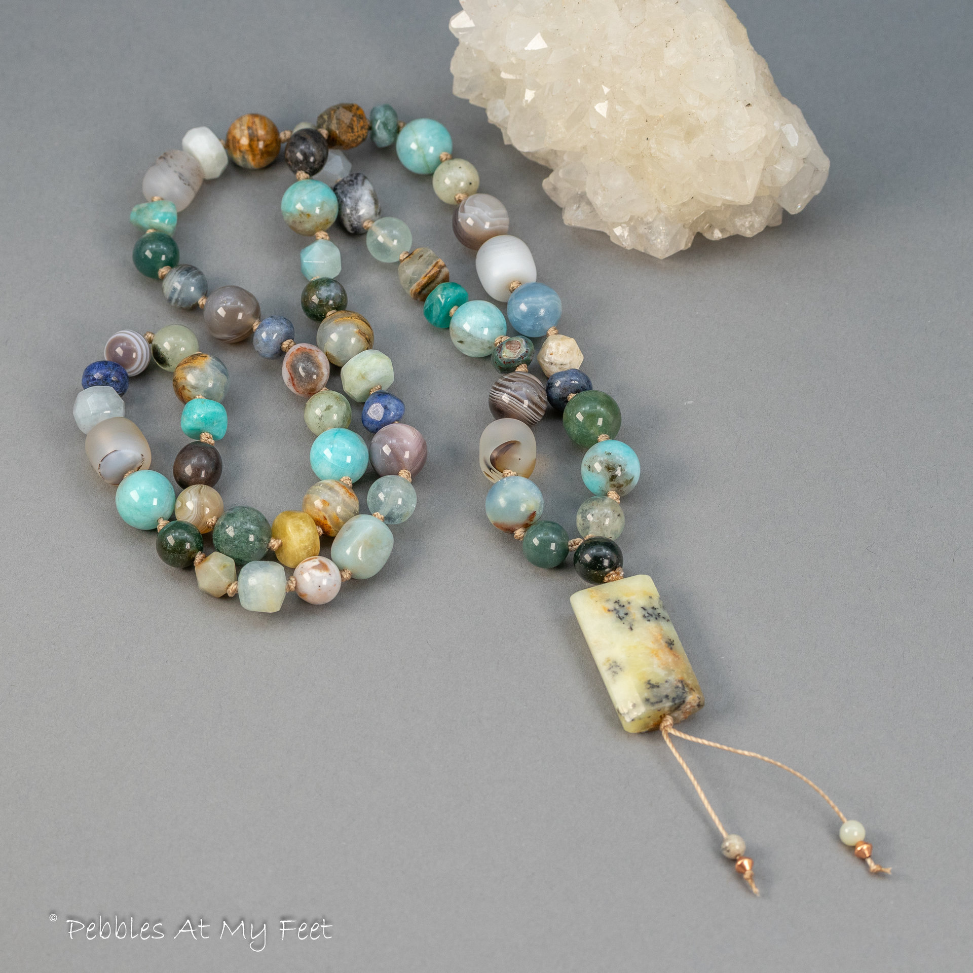 Dendritic Opal Pendant Multi Stone Knotted Bead Necklace