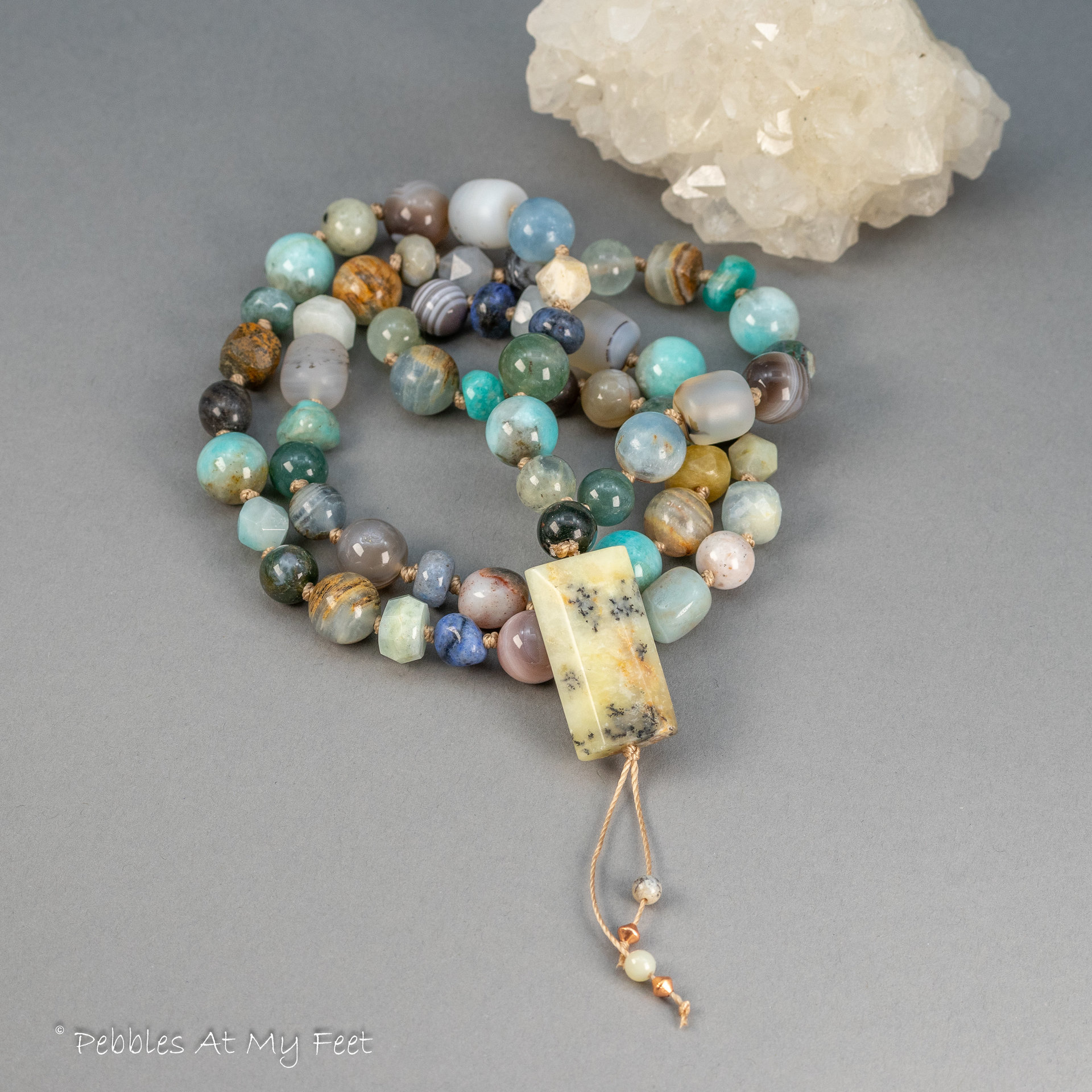 Dendritic Opal Pendant Multi Stone Knotted Bead Necklace