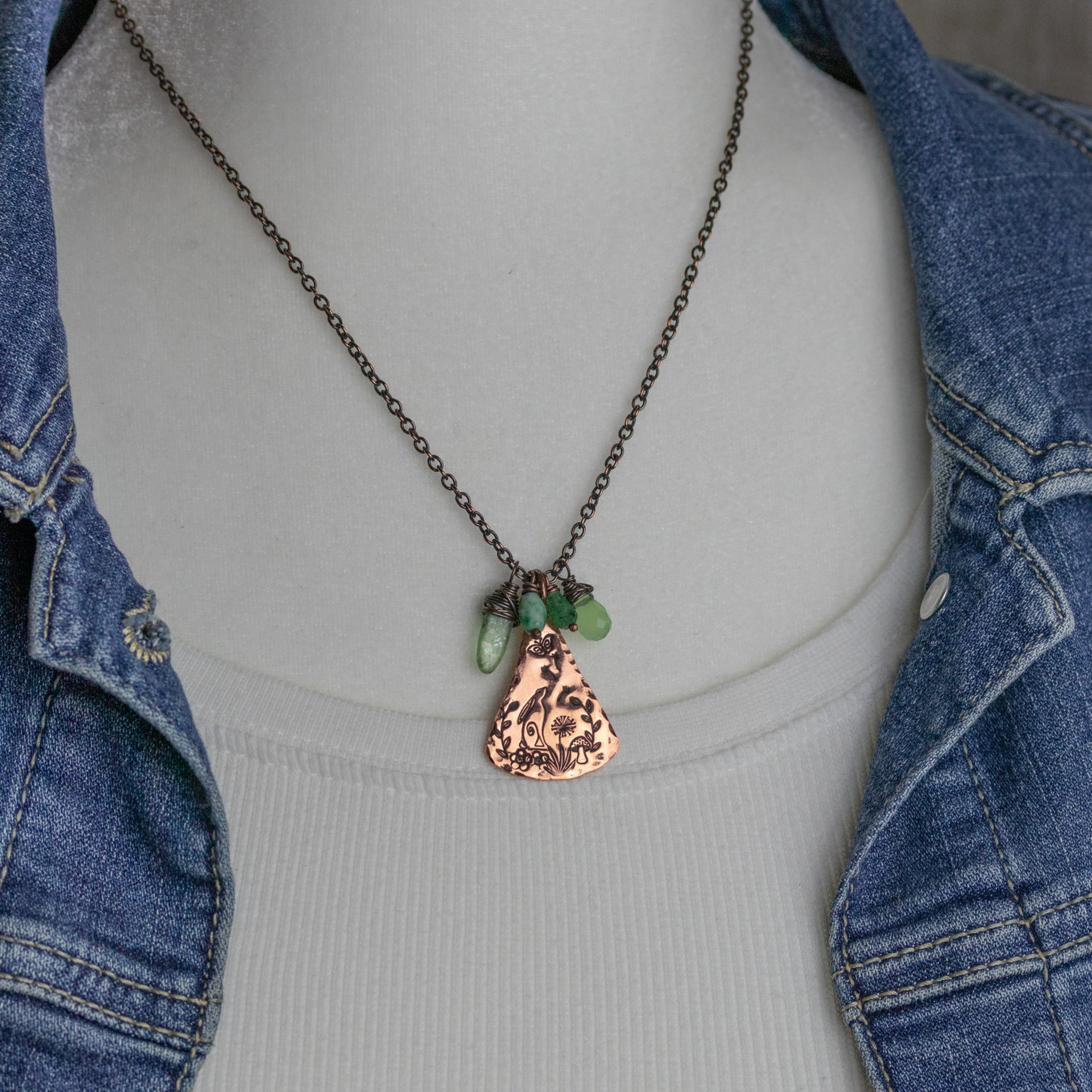Green Stone and Copper Cottagecore Nature Scene Necklace