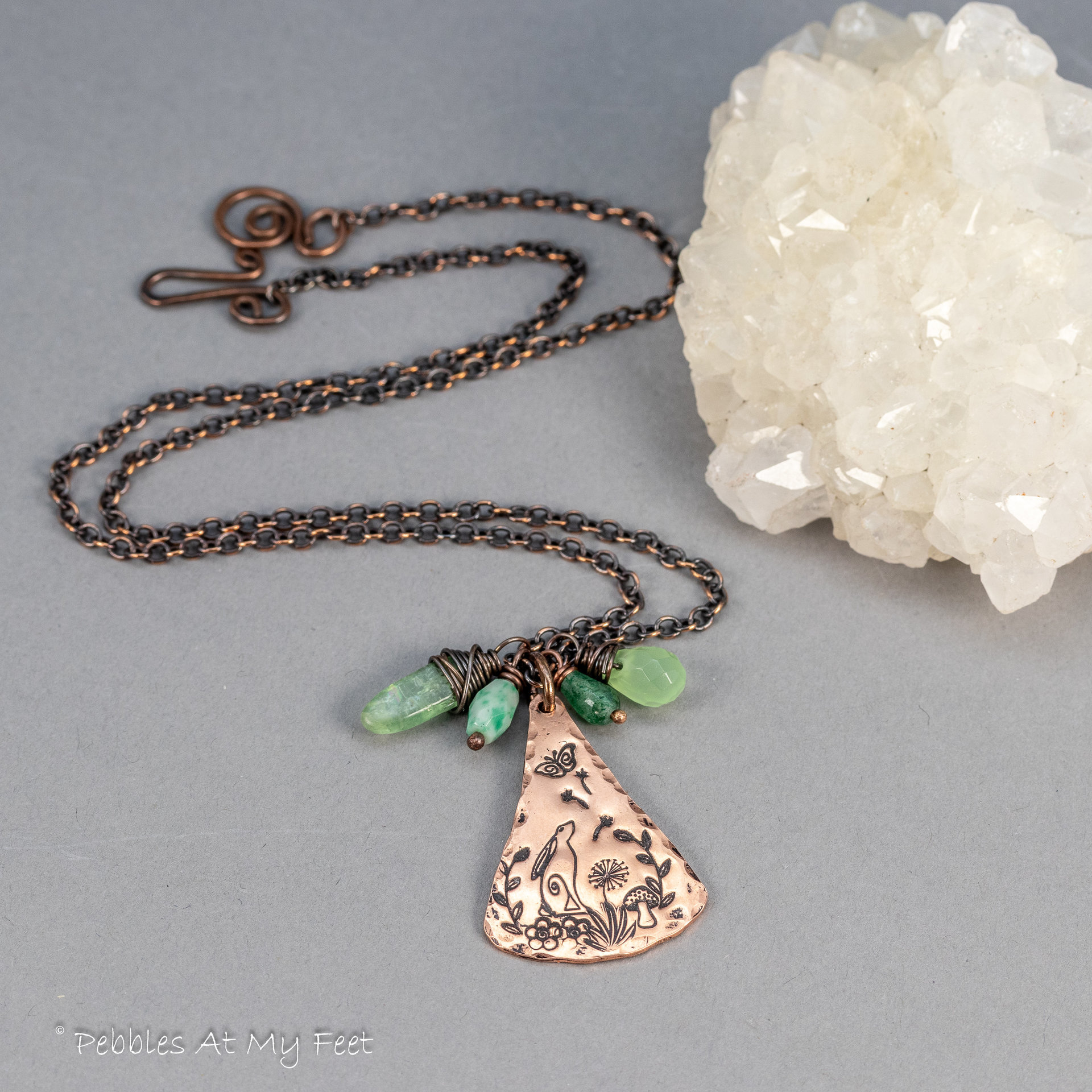 Green Stone and Copper Cottagecore Nature Scene Necklace