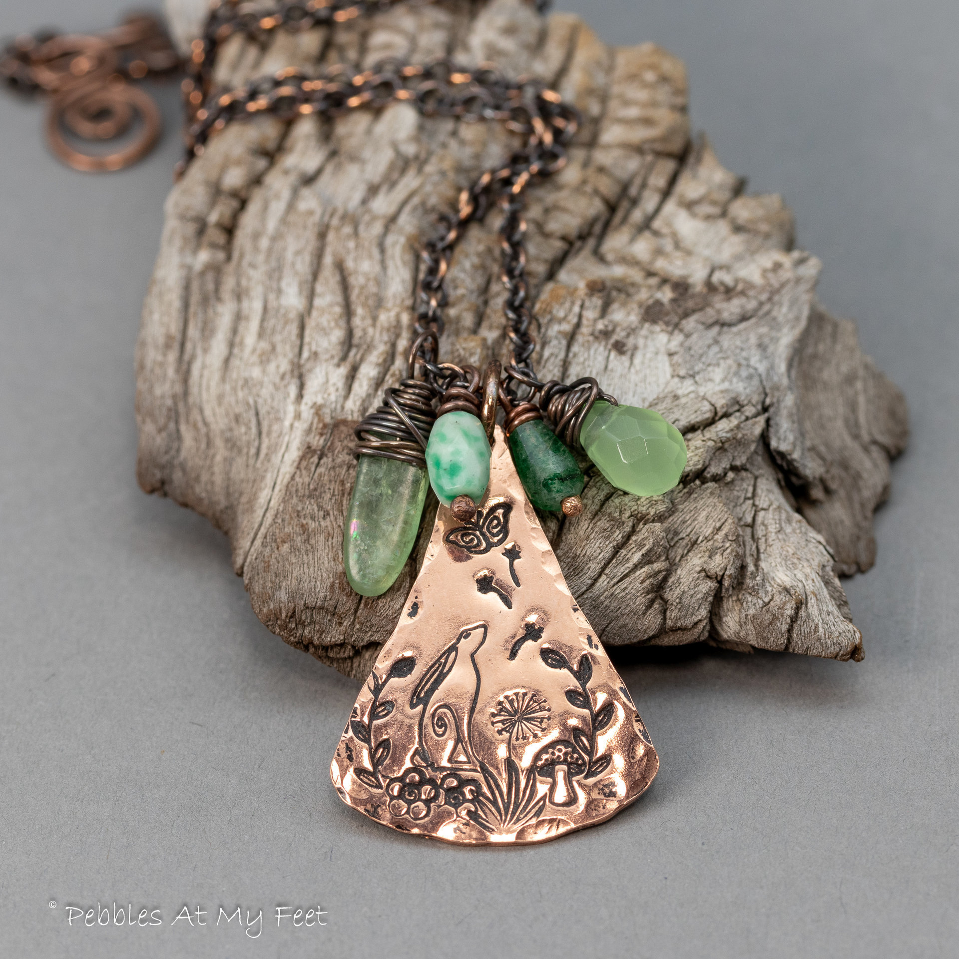 Green Stone and Copper Cottagecore Nature Scene Necklace