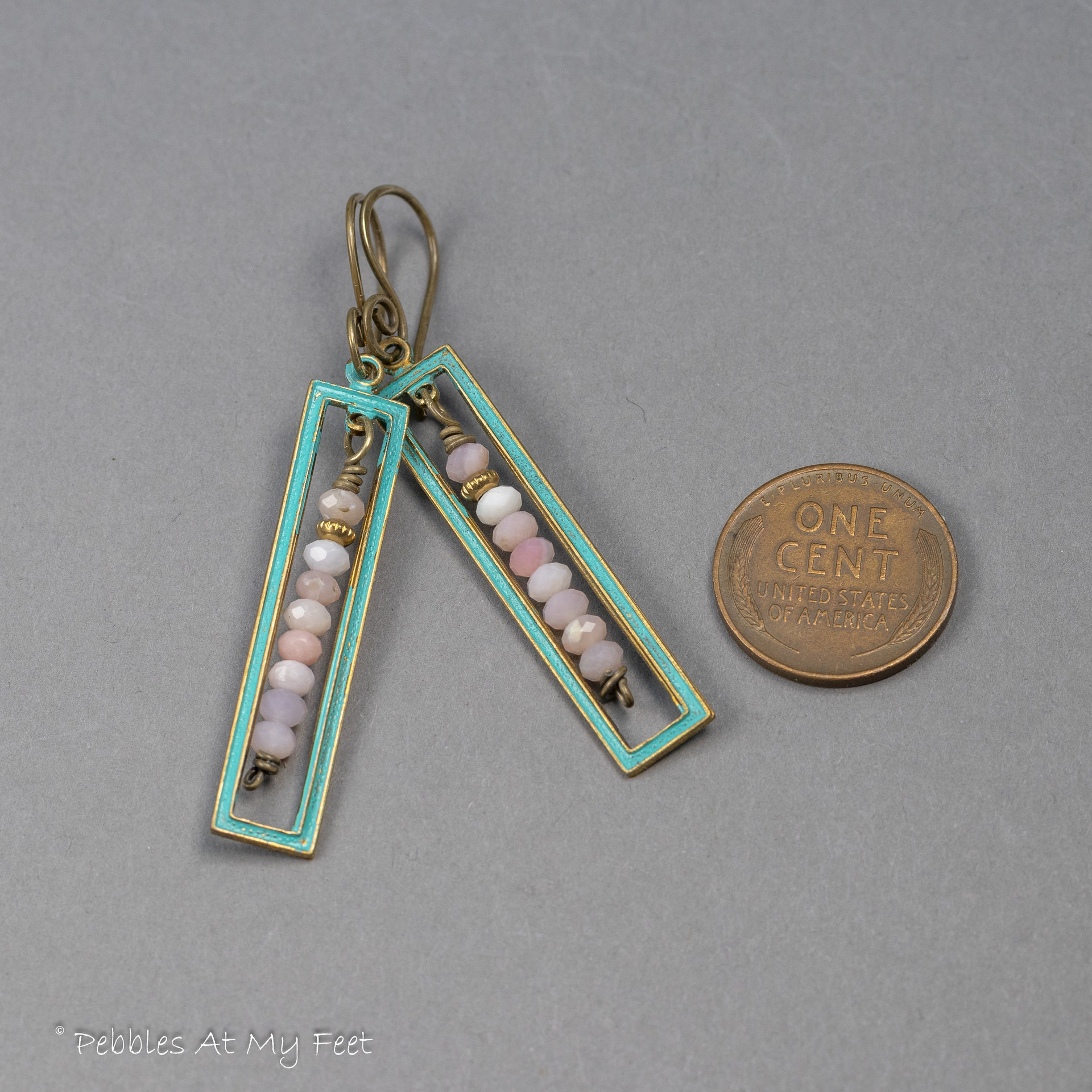 Art Deco Style Geometric Earrings, Pink Opal and Brass 