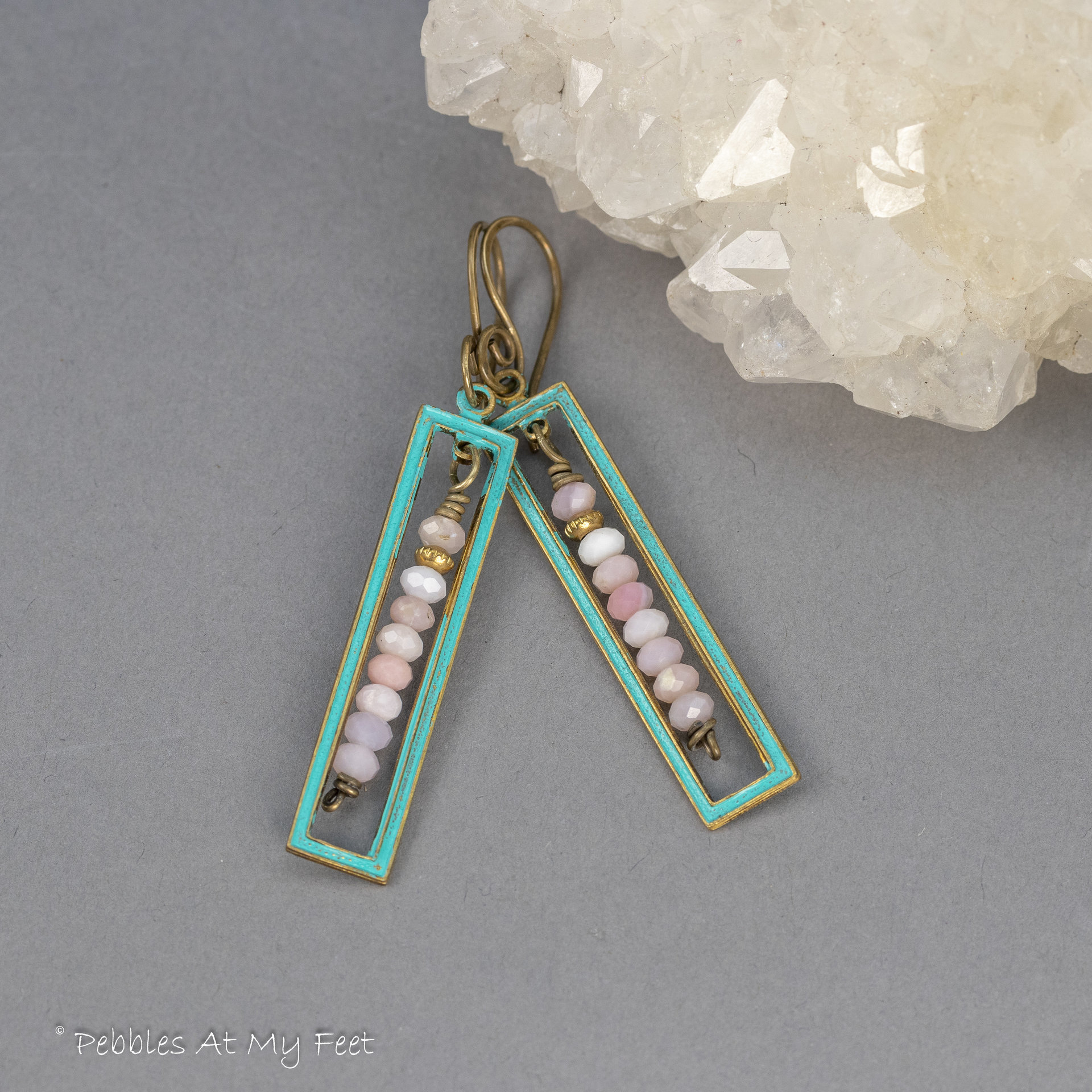 Art Deco Style Geometric Earrings, Pink Opal and Brass 