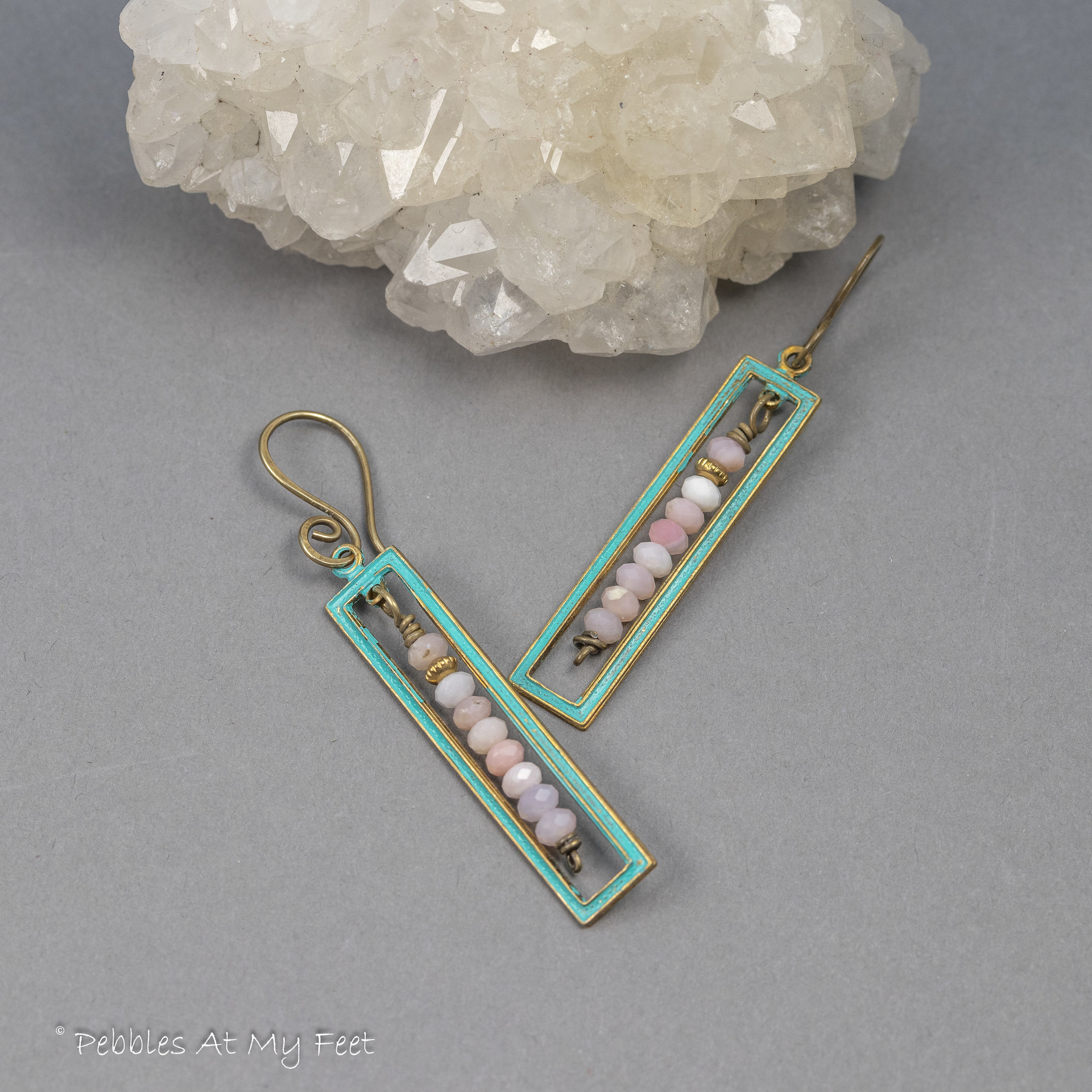 Art Deco Style Geometric Earrings, Pink Opal and Brass 