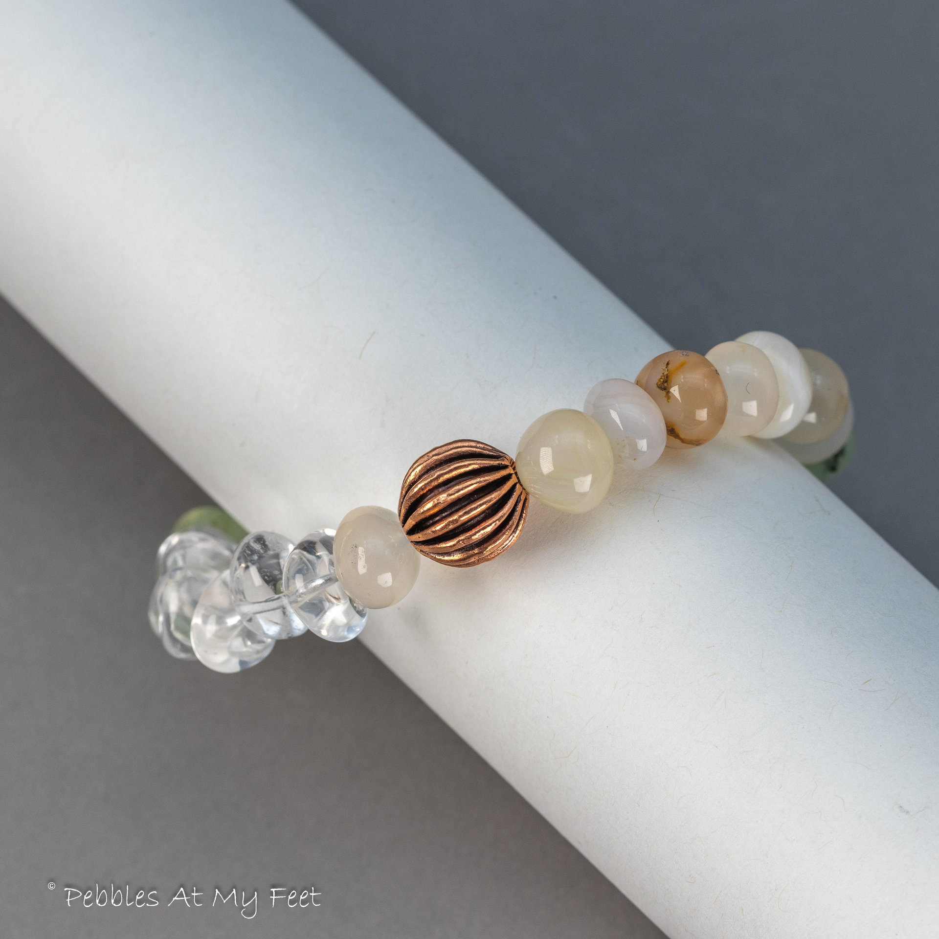 Pebble Bracelet in Soft Colors with Prehnite, Flower Agate, and Crystal Quartz