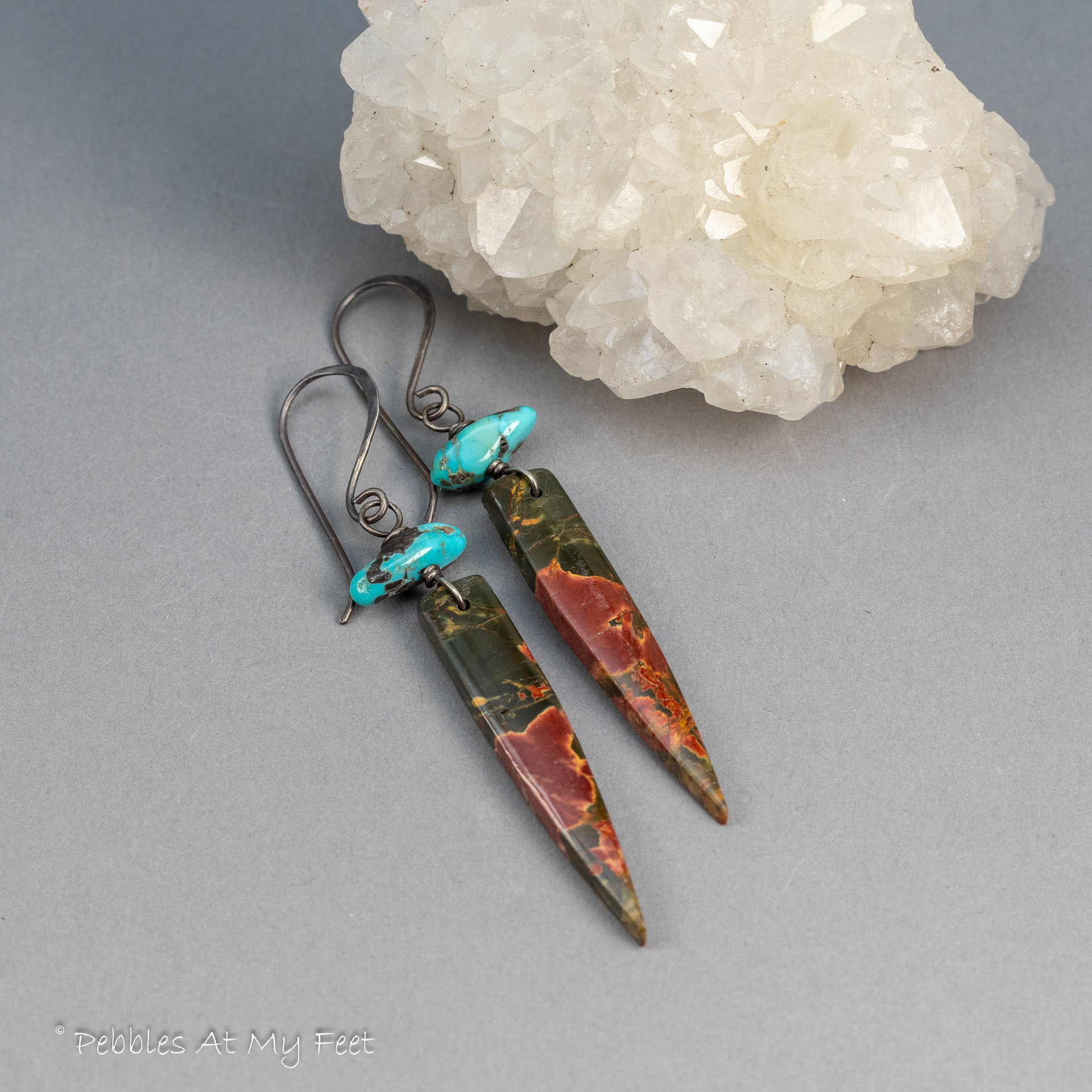Stone Dagger Earrings in Sterling Silver, Red Creek Jasper Earrings and Nevada Turquoise Earrings