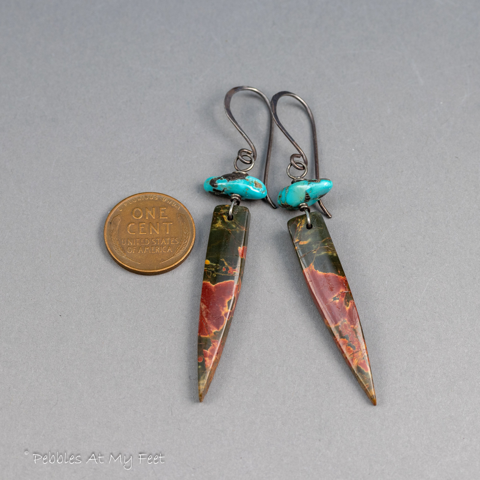 Stone Dagger Earrings in Sterling Silver, Red Creek Jasper Earrings and Nevada Turquoise Earrings