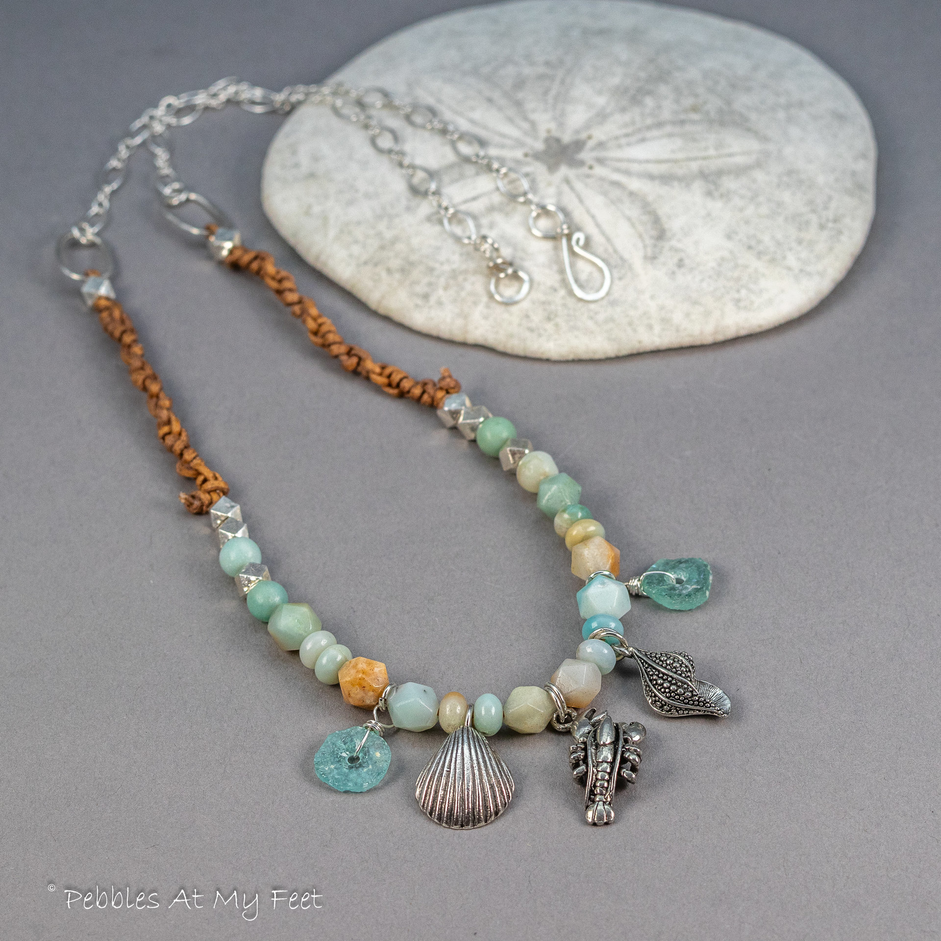 Seashore Theme Charm Necklace, Amazonite and Roman Glass
