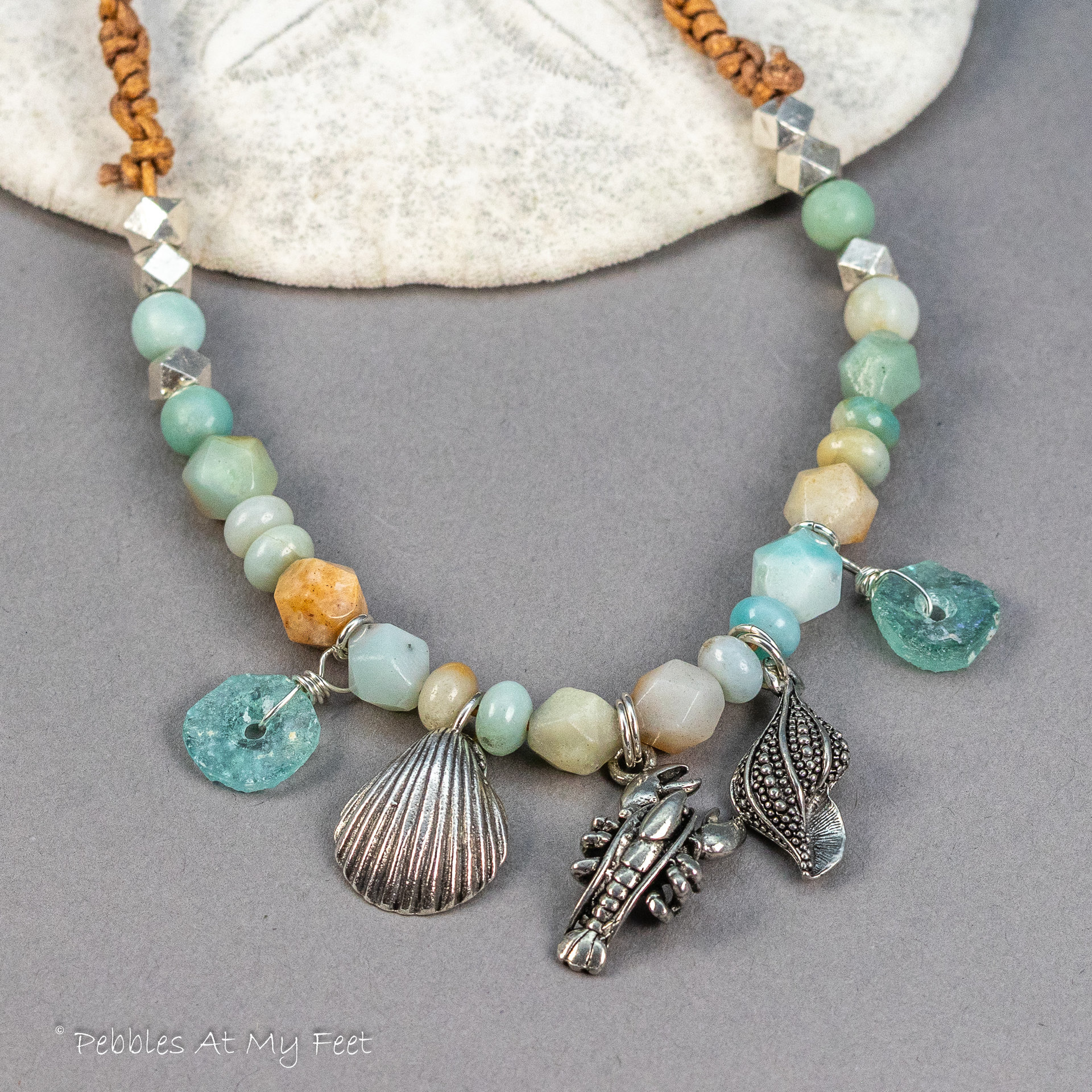 Seashore Theme Charm Necklace, Amazonite and Roman Glass