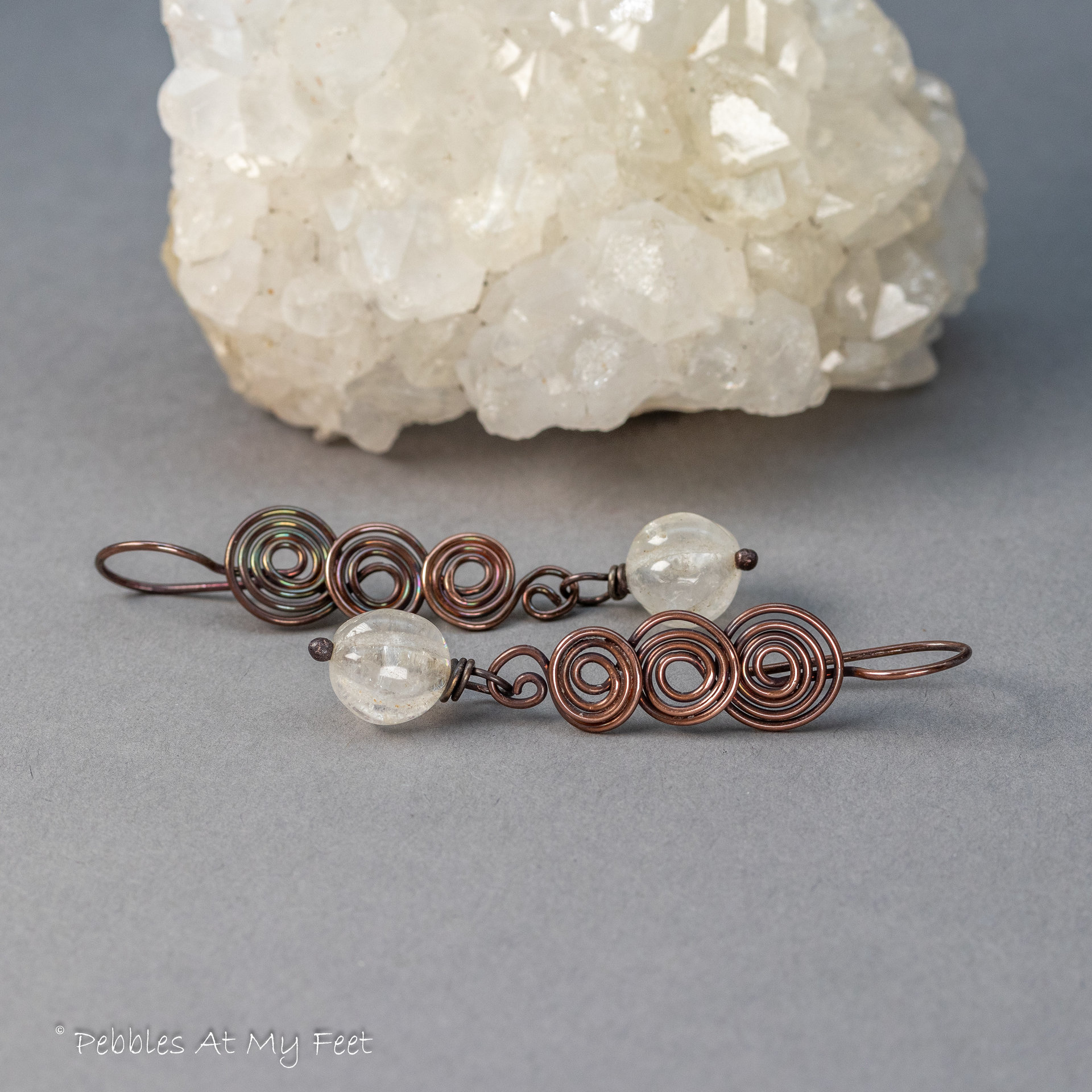 Spiral Earrings in Copper with White Quartz Stones