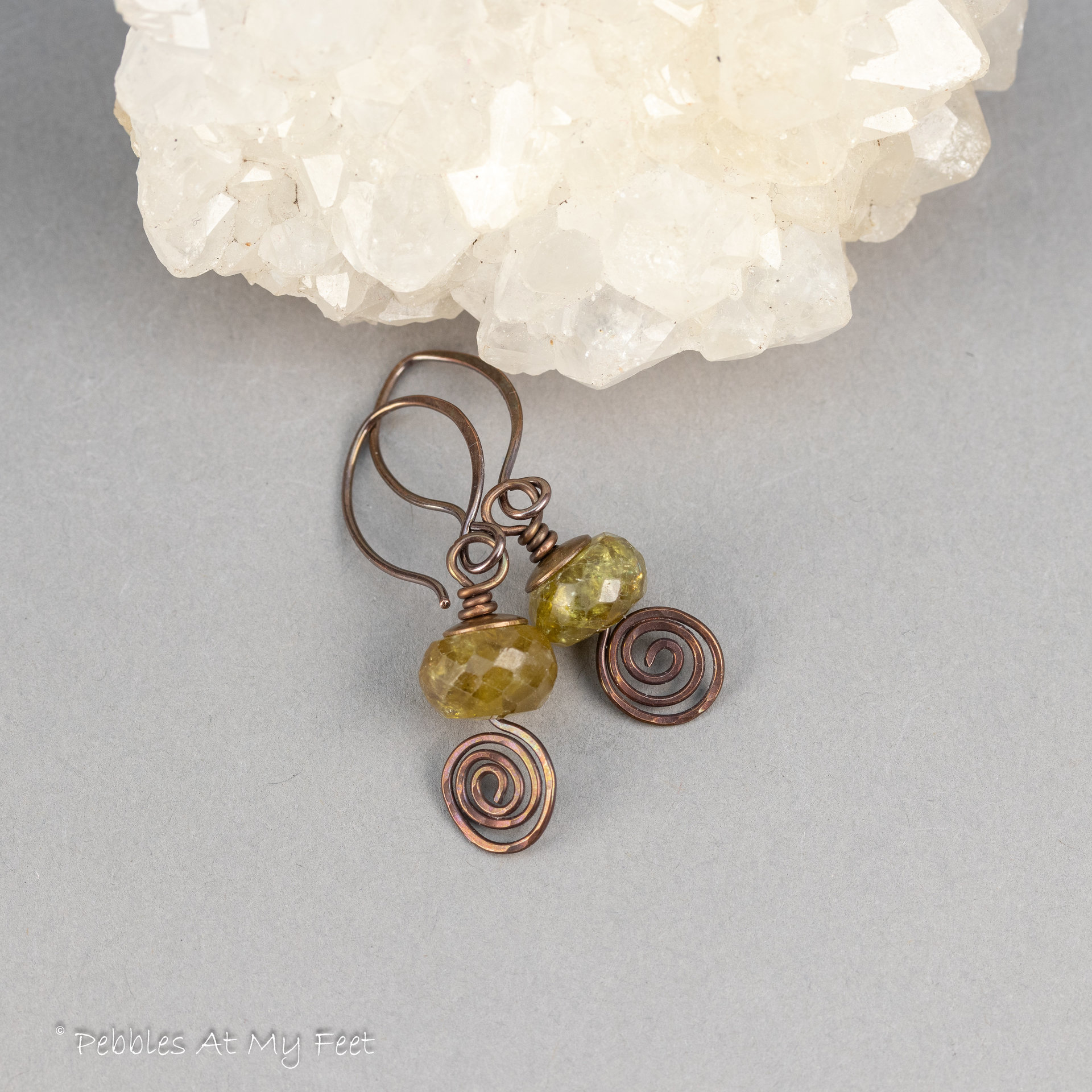 Green Garnet Spiral Drop Earrings Handmade in Copper