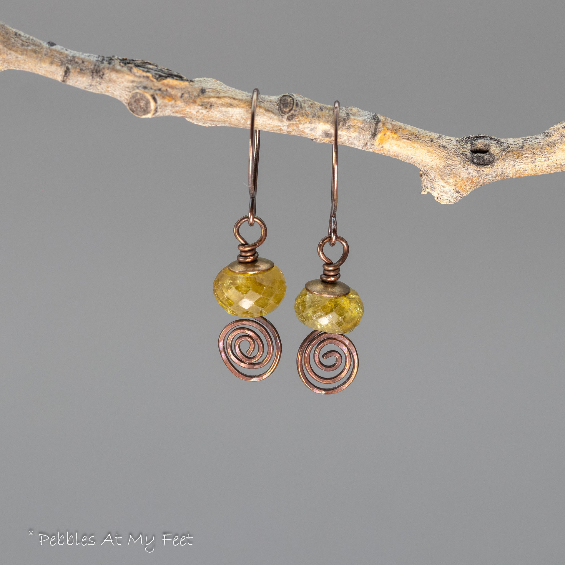 Green Garnet Spiral Drop Earrings Handmade in Copper
