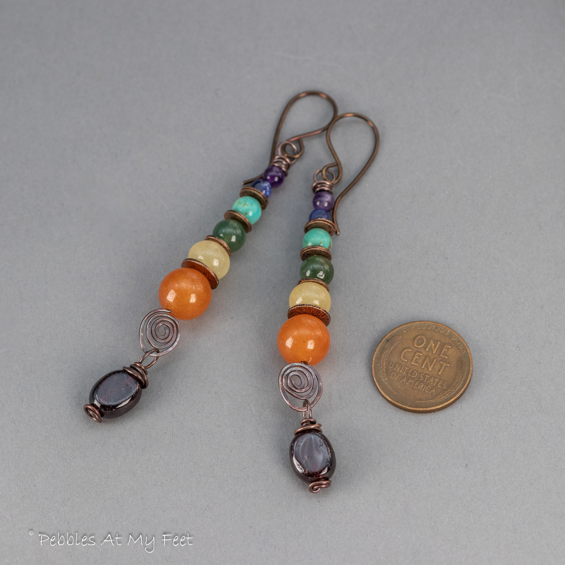 Earthy Natural Stone Rainbow Earrings Handmade in Copper