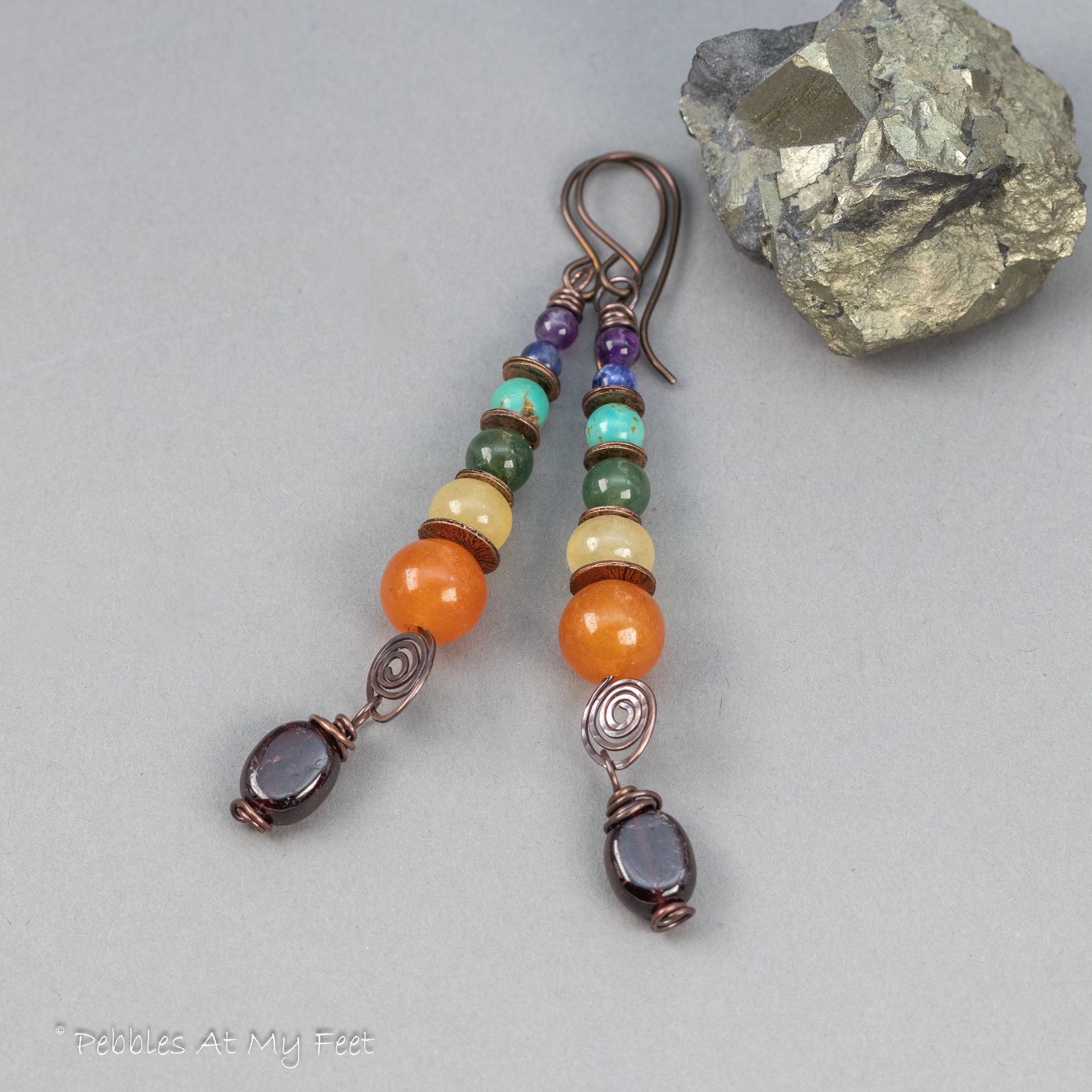 Earthy Natural Stone Rainbow Earrings Handmade in Copper