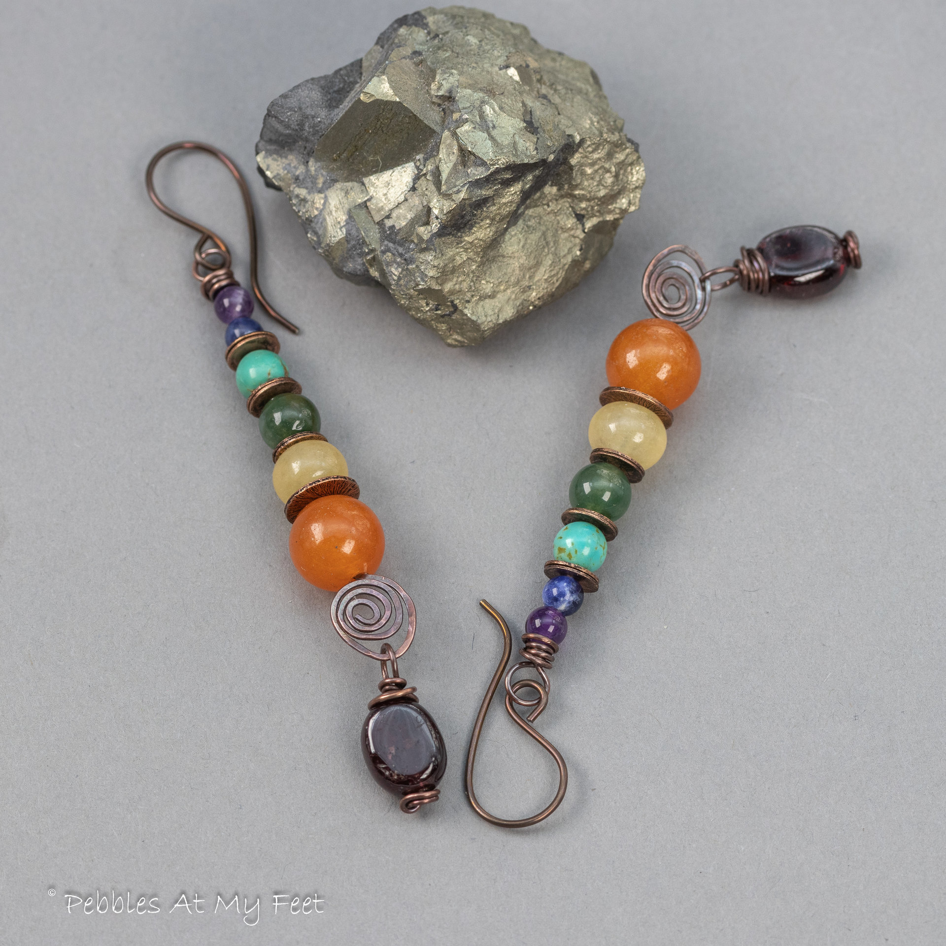 Earthy Natural Stone Rainbow Earrings Handmade in Copper