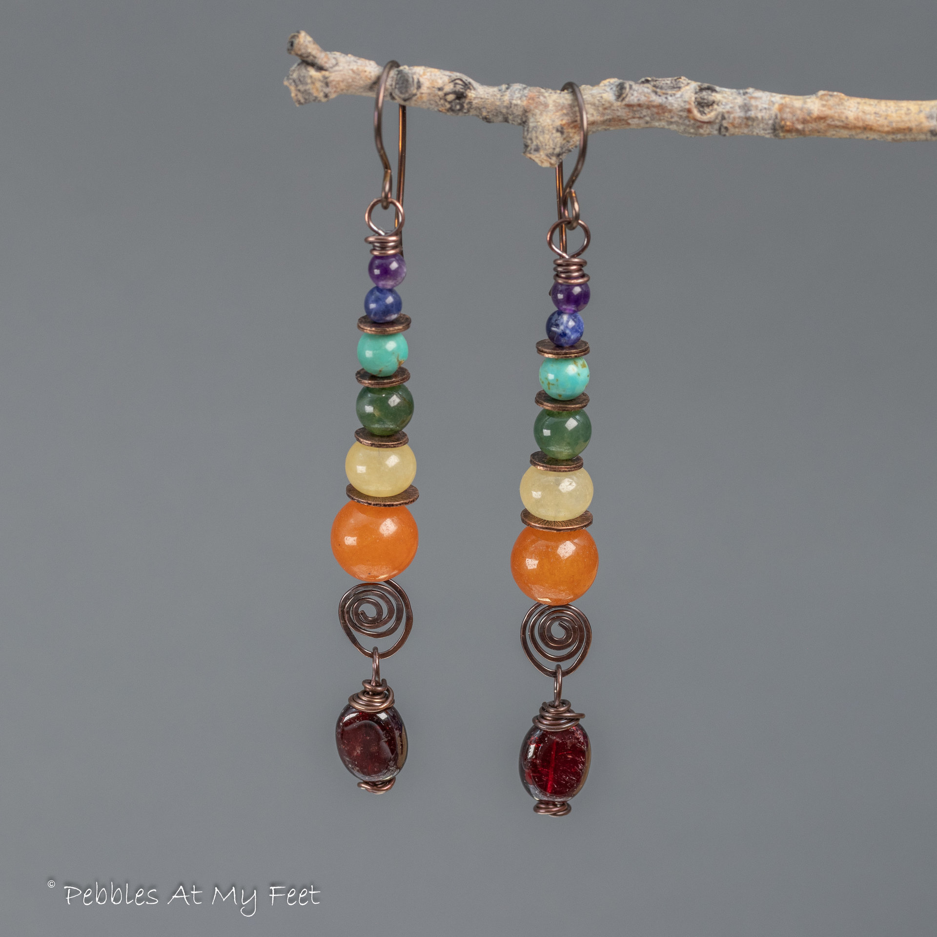 Earthy Natural Stone Rainbow Earrings Handmade in Copper