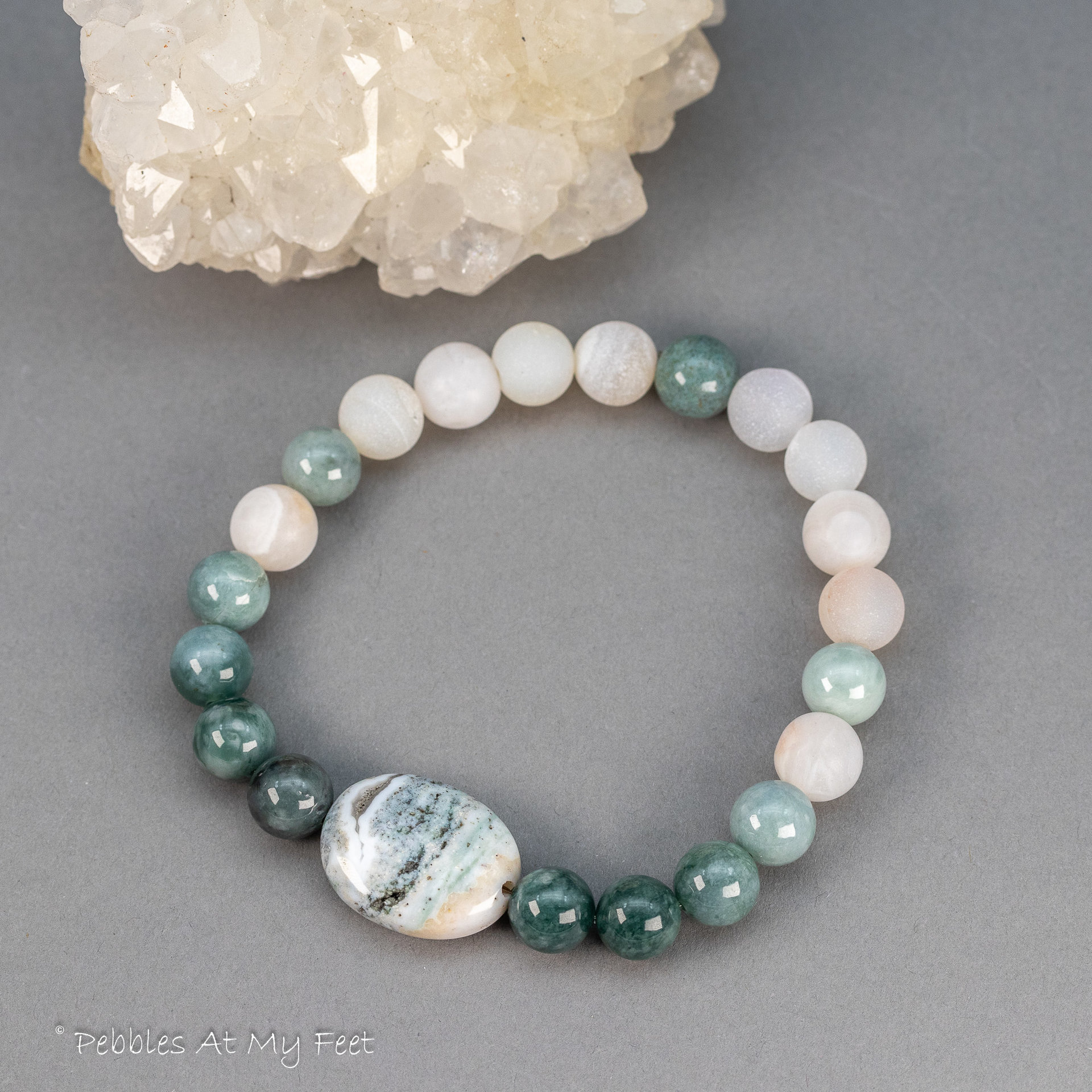 Green Natural Stone Stretch Bracelet with Frosted Quartz, Ocean Jasper, and Jade