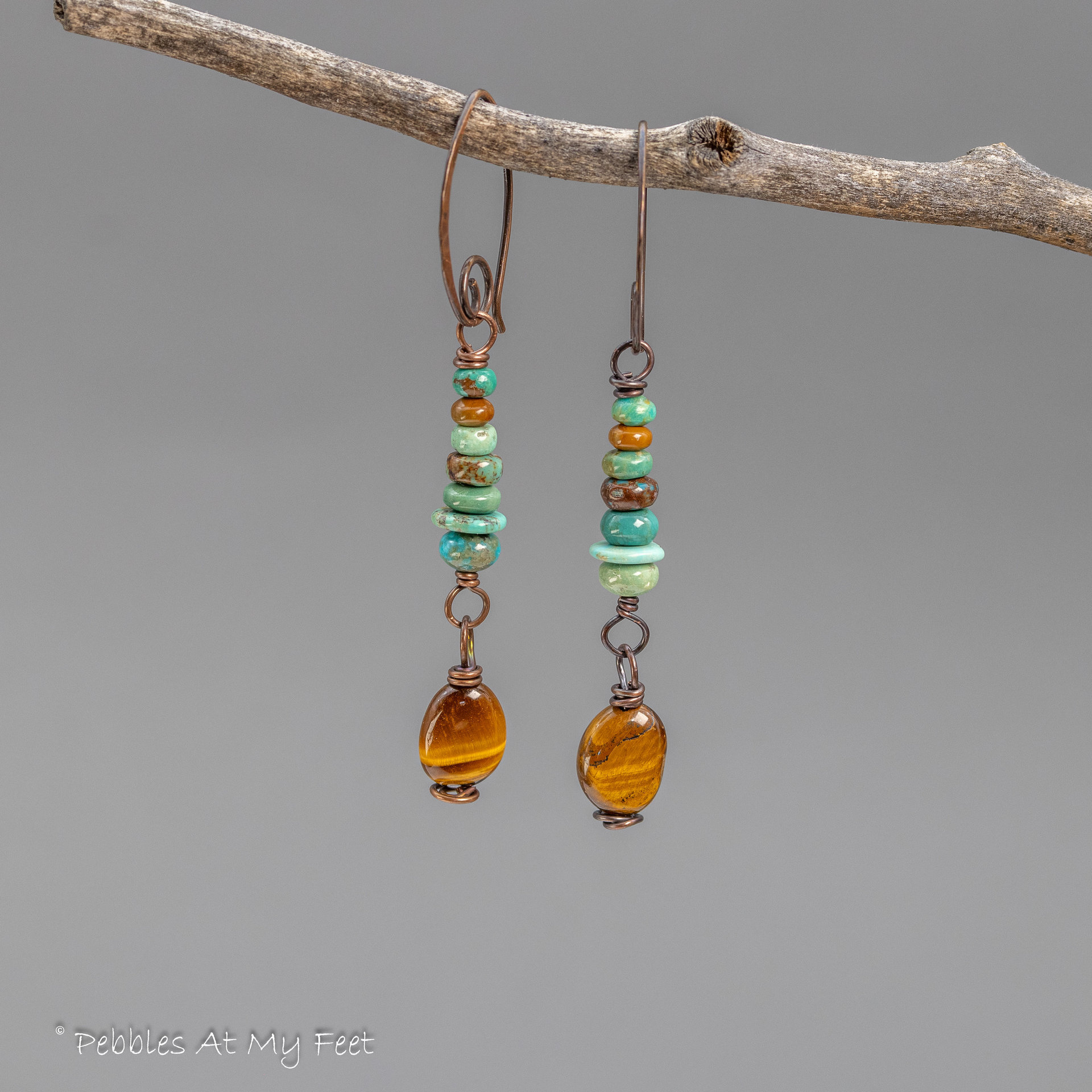 Earthy Tiger's Eye and Turquoise Earrings Handcrafted in Copper