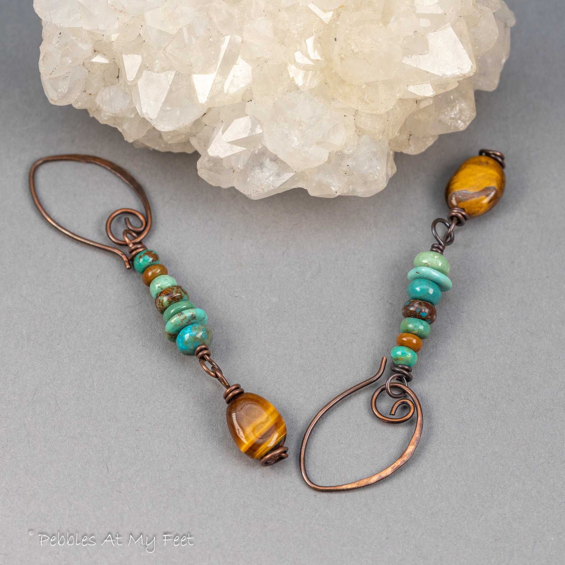Earthy Tiger's Eye and Turquoise Earrings Handcrafted in Copper